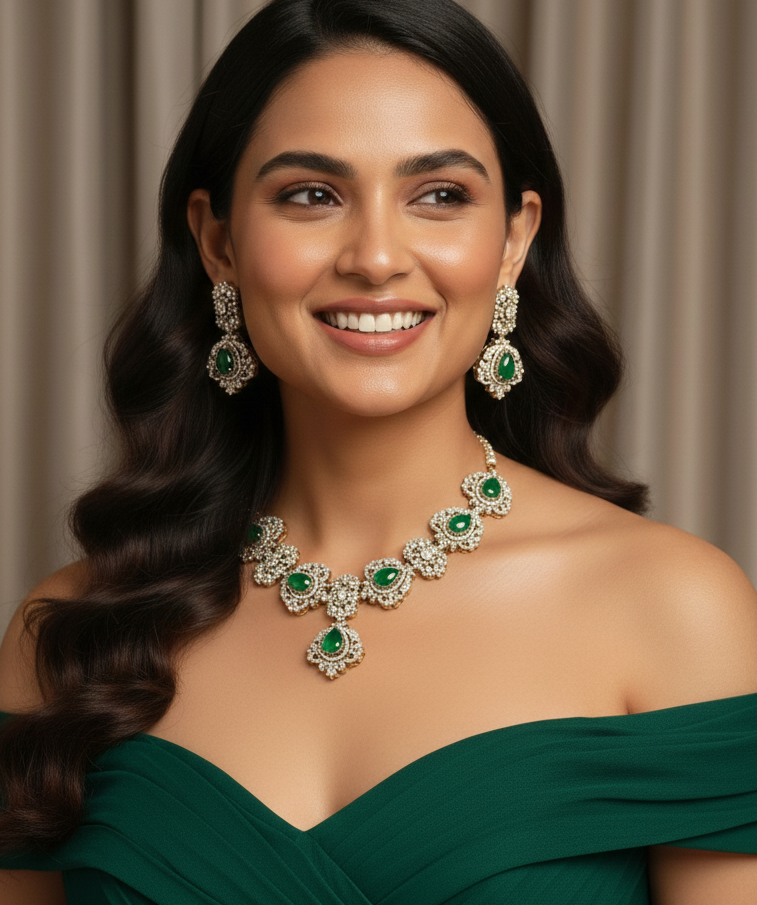 Kundan Green Doublet Stone Necklace With Earrings