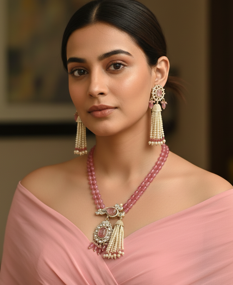 Pink Stone Kundan Polki Bird Pendant Set