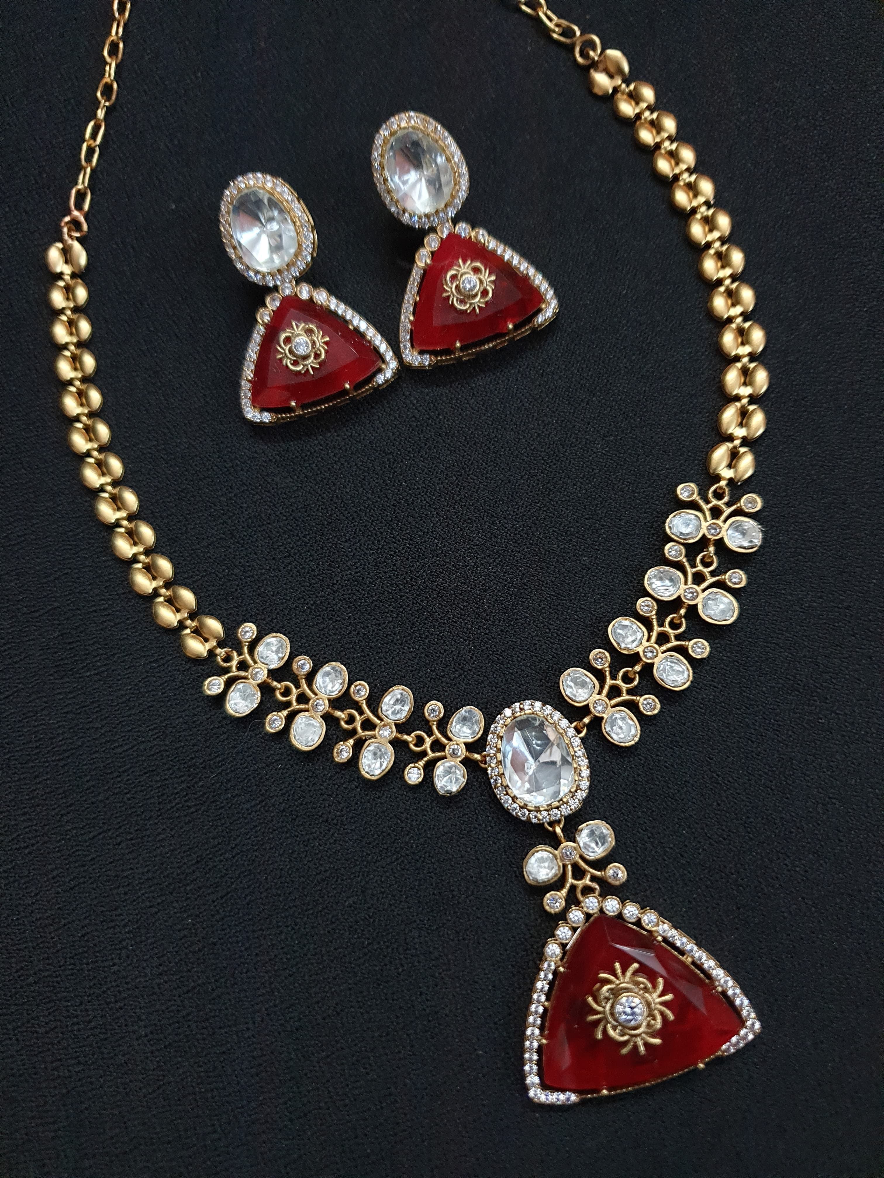Ruby Red Kundan Delicate Chain Necklace Set