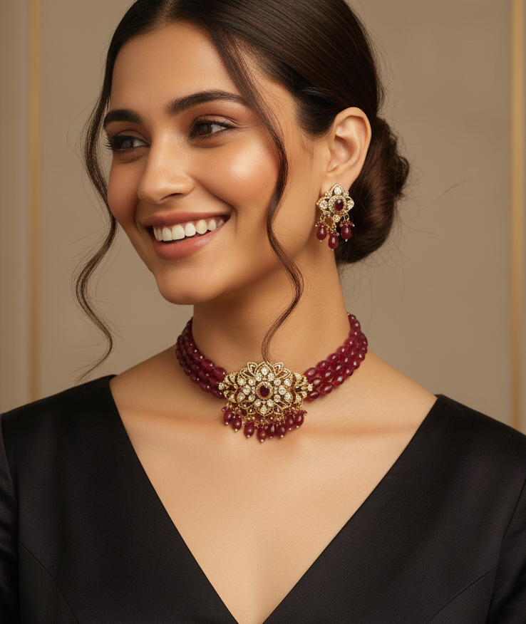 Ruby Color Moissanite Beaded Choker Neckace