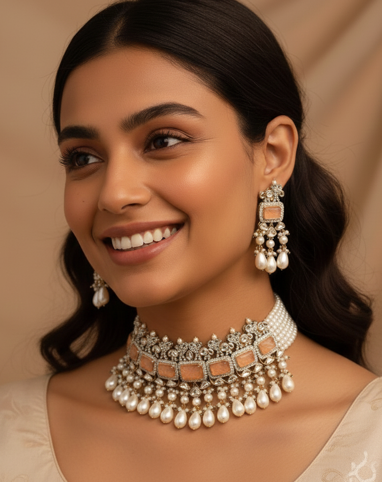 Designer Peach Stone Kundan Necklace With Earrings