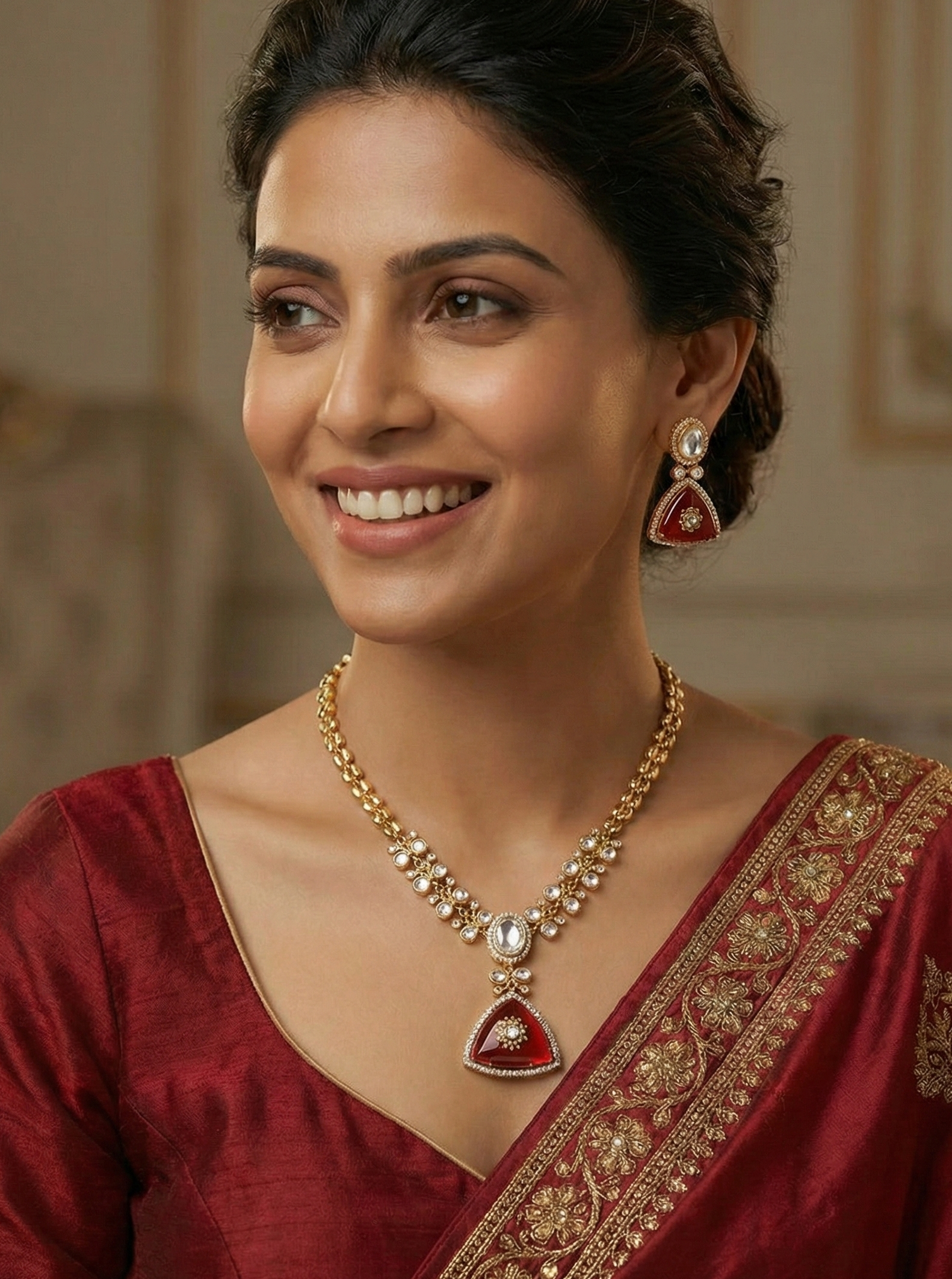 Ruby Red Kundan Delicate Chain Necklace Set