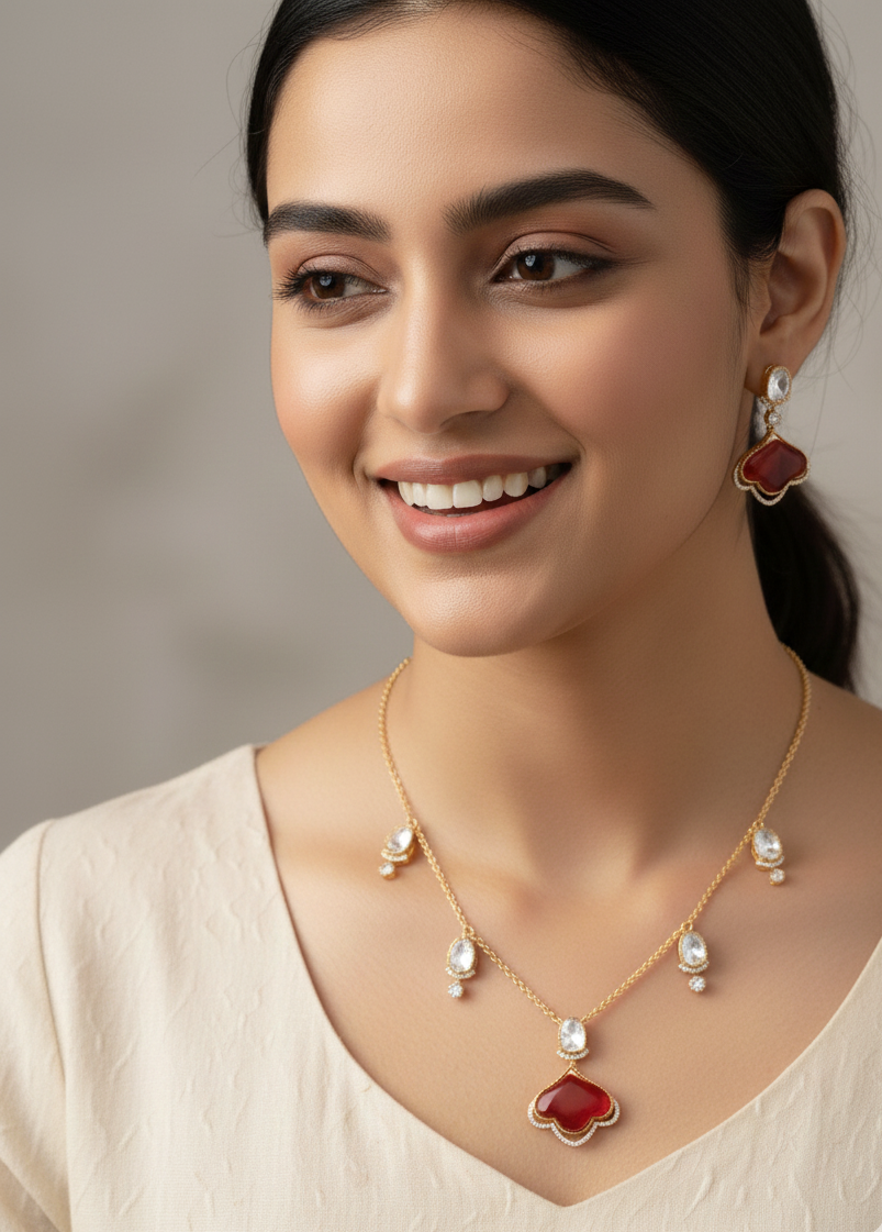 Ruby Red Delicate Kundan Chain Necklace