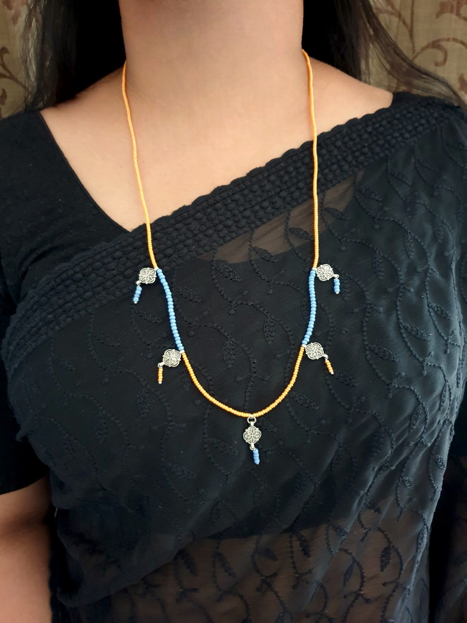 Orange & Blue Stone Beads, Necklace With Earrings