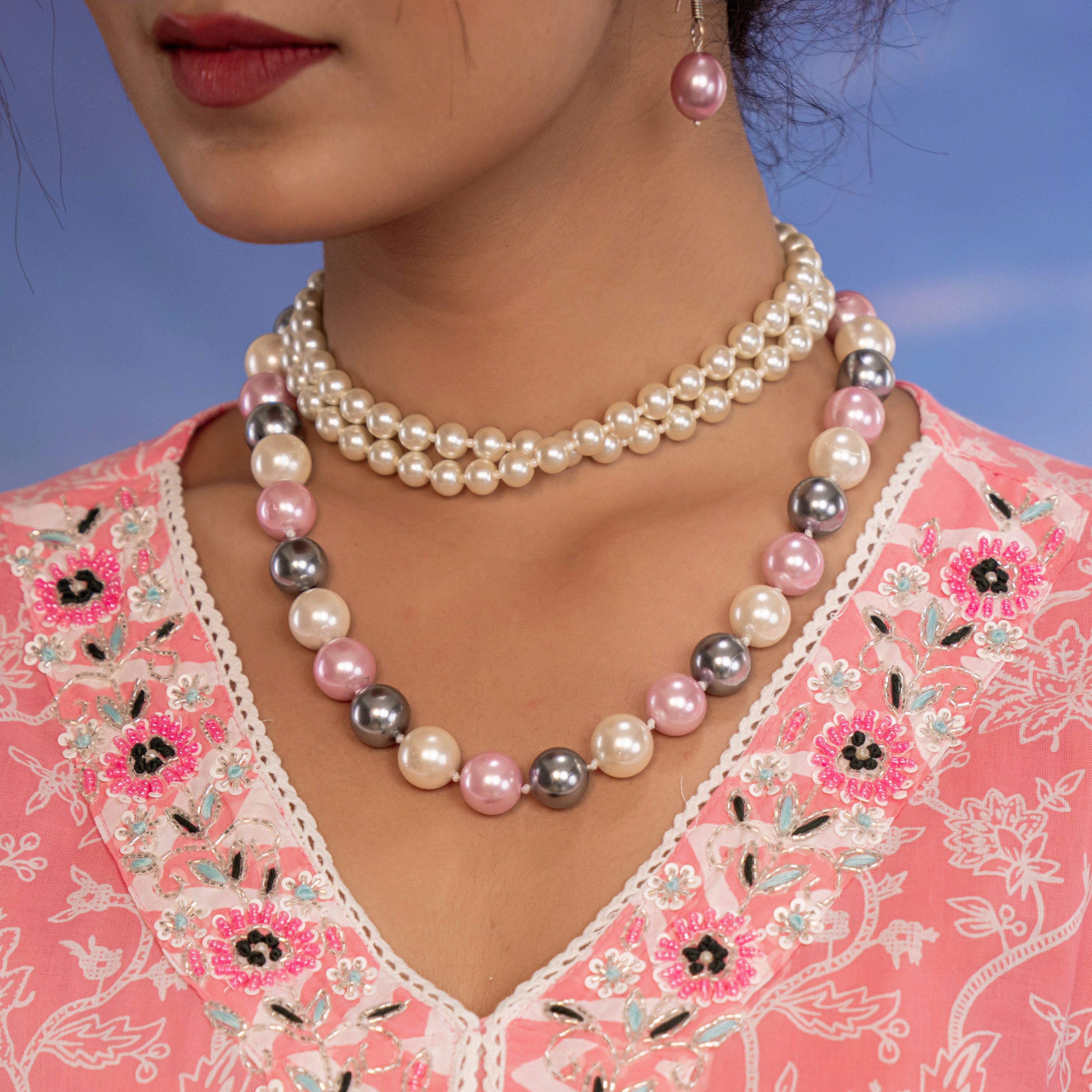 Multi Shell Pearl Necklace And Pearl Double Layer Choker With Earrings