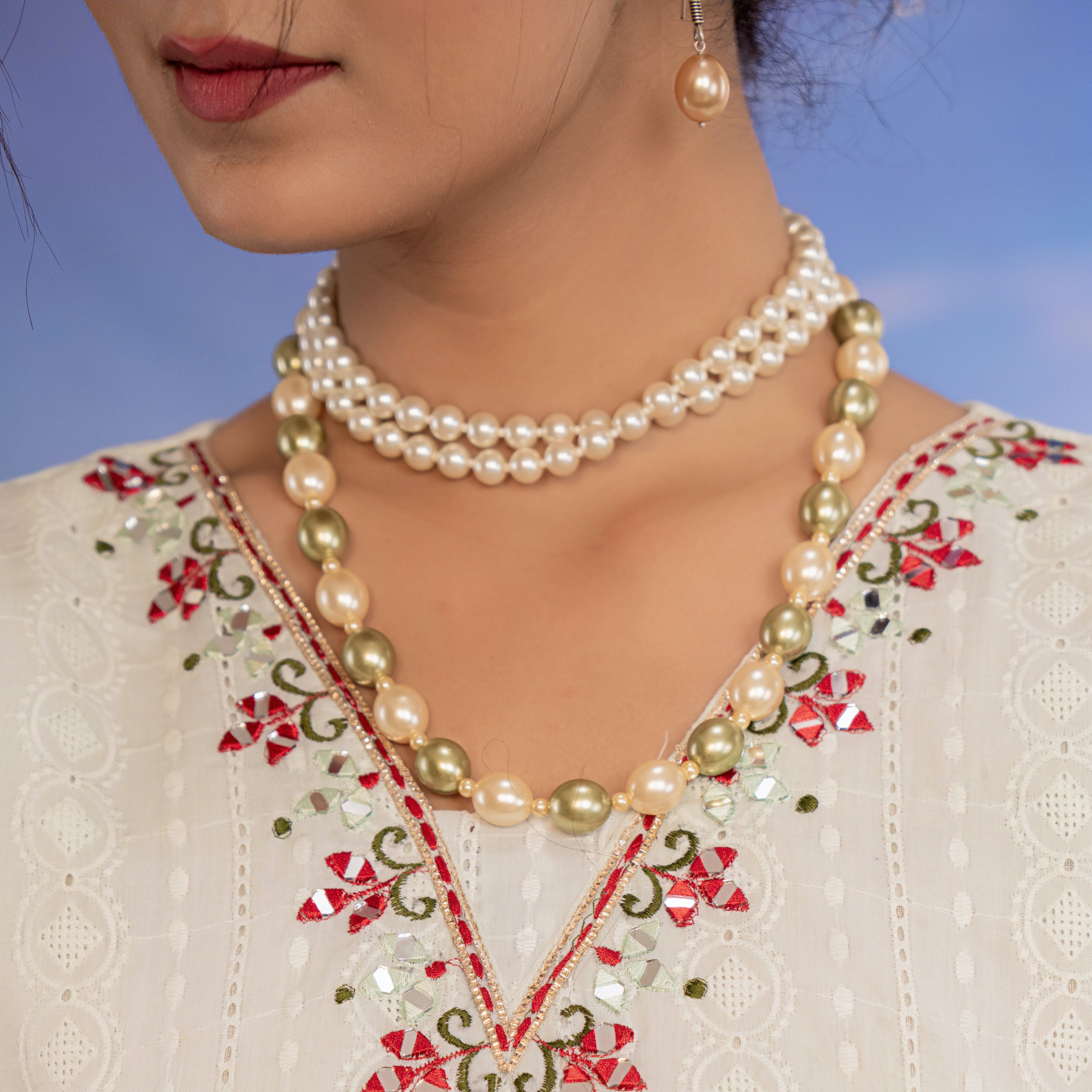 Golden and Green Shell Pearl And Double Layer Pearl Choker With Earrings