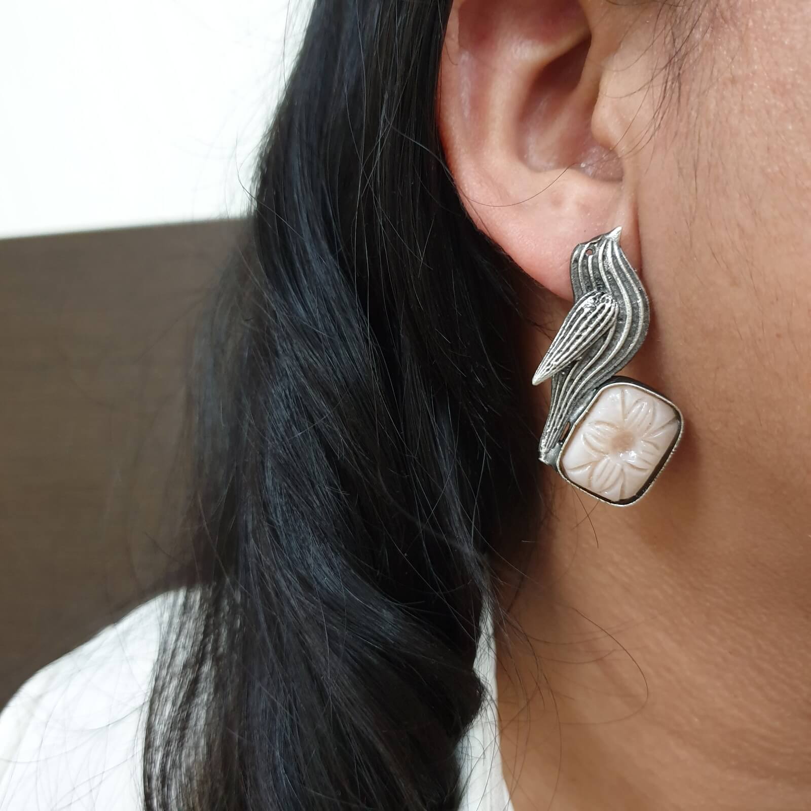 Bird Design Peach Color Stone Ear Studs