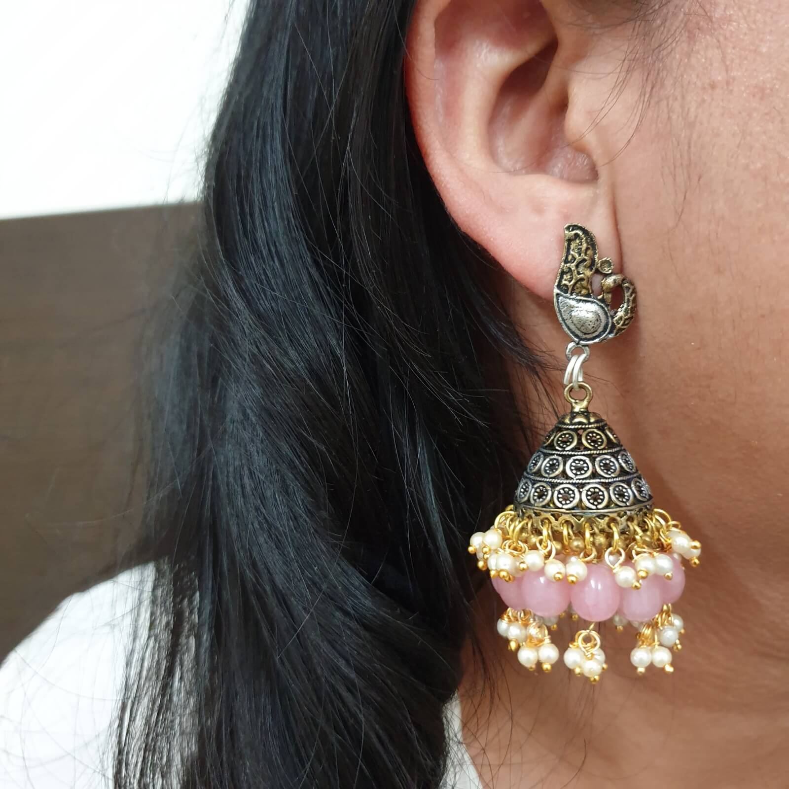 Adorable Peacock Design & Rose Quartz Stone Stud Jhumki