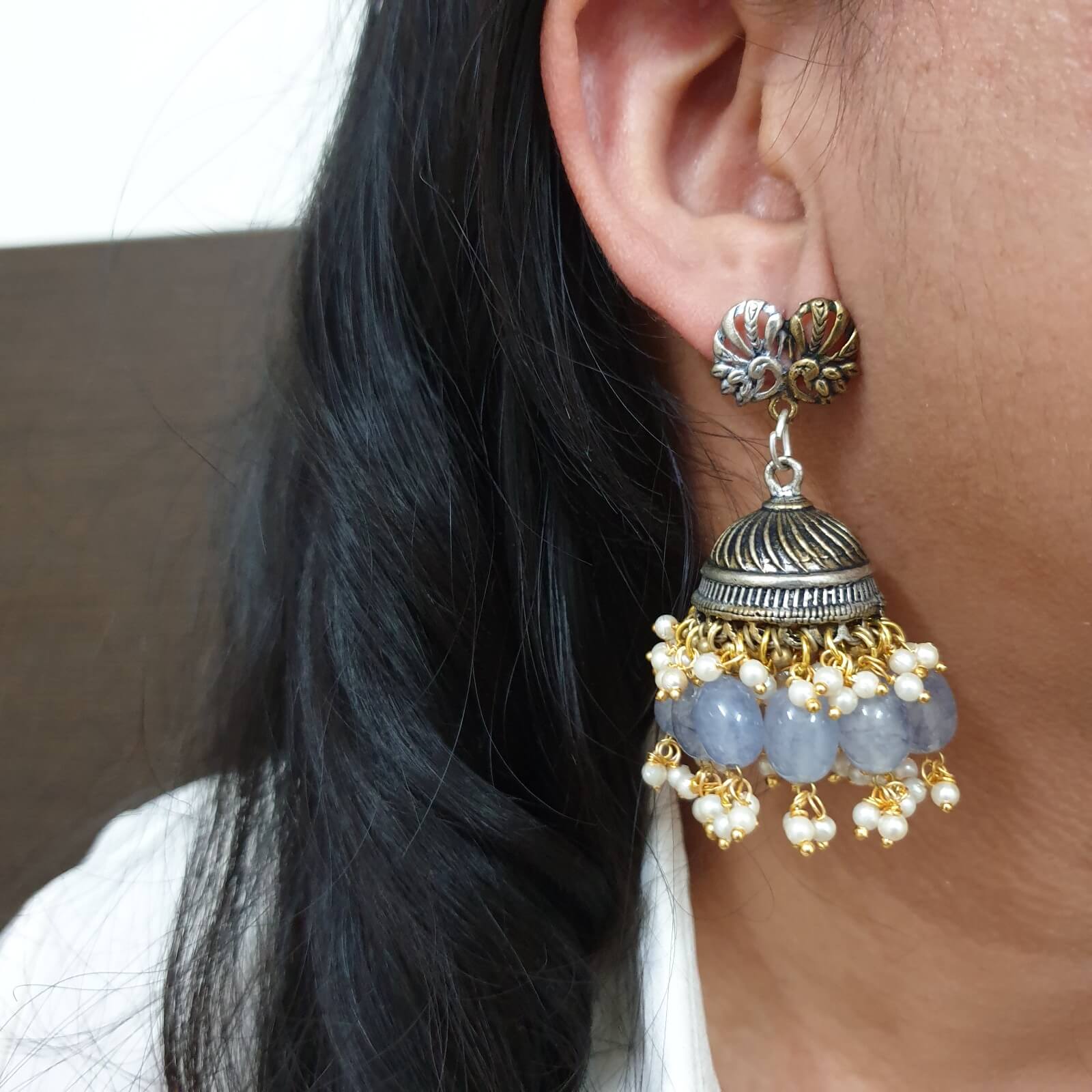 Oxidized Peacock Design & Blue Grey Stone Stud Jhumki