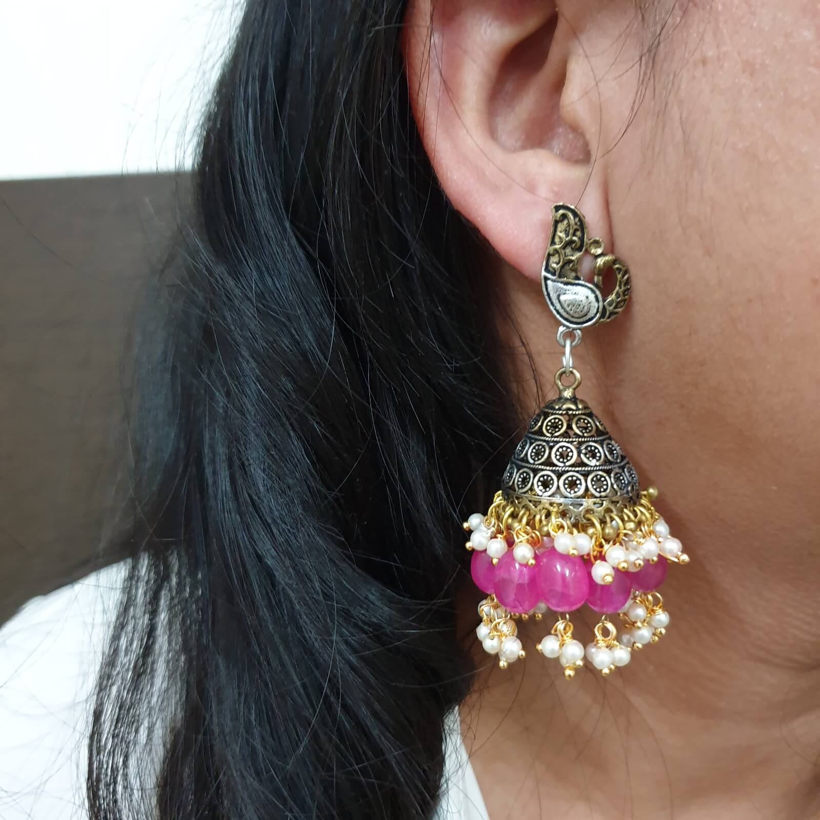 Adorable Peacock Design & Pink Stone Stud Jhumki