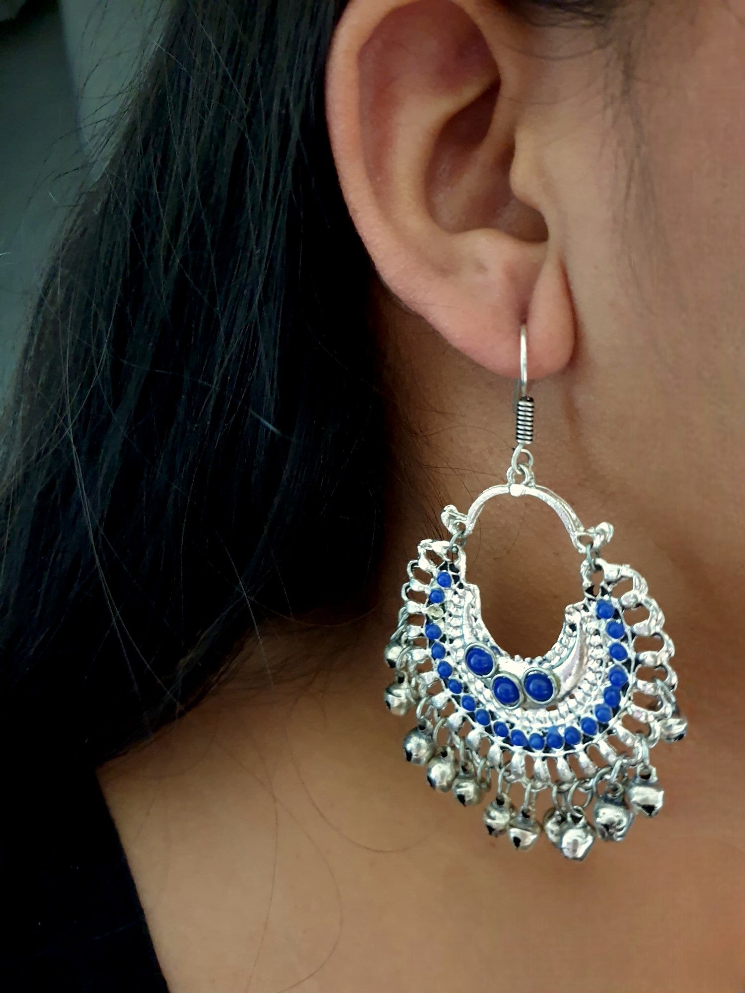 Blue Stone Chandbali Oxidised Silver Earrings