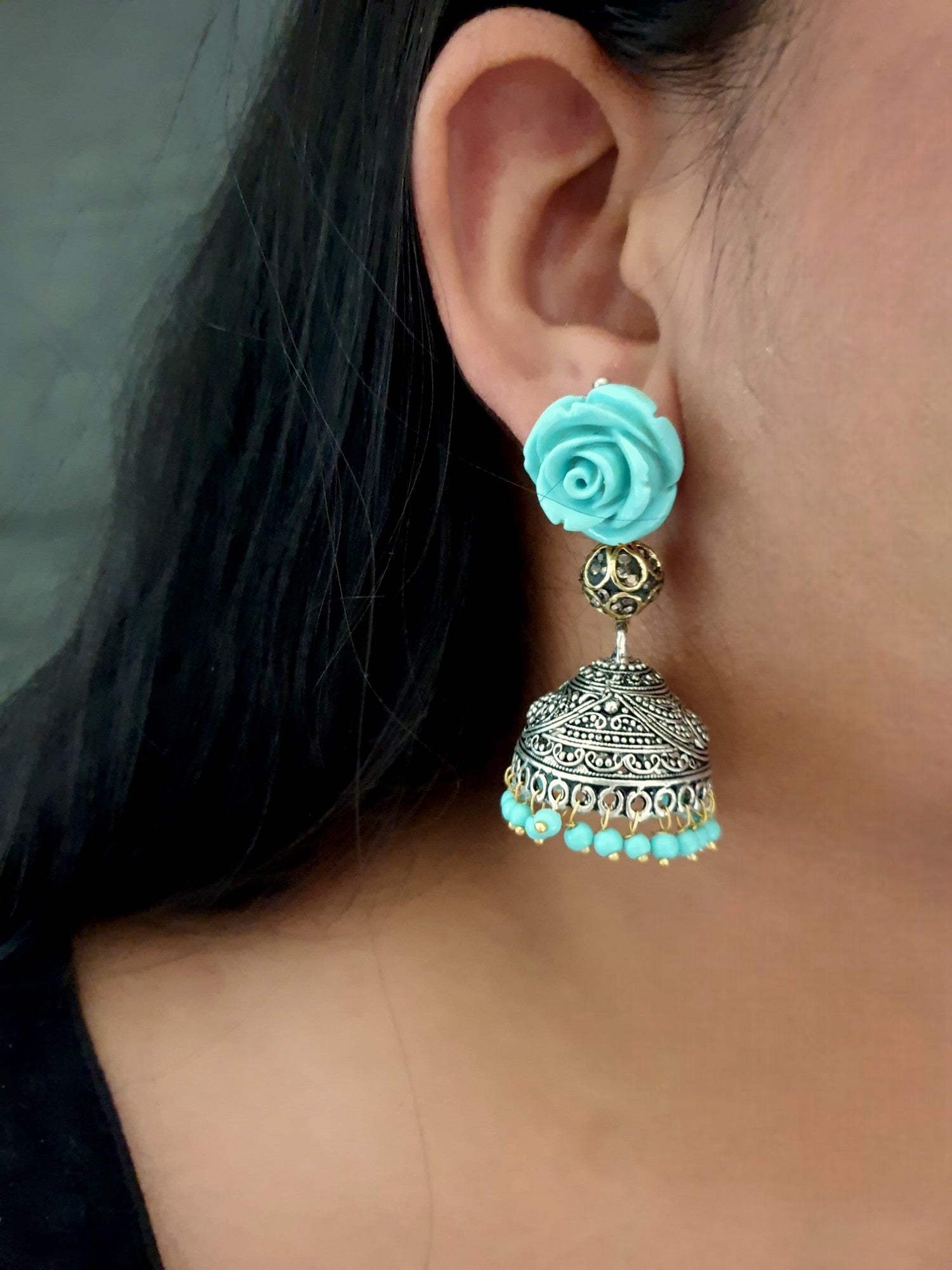 Floral Design Turquoise Stone Stud Jhumki