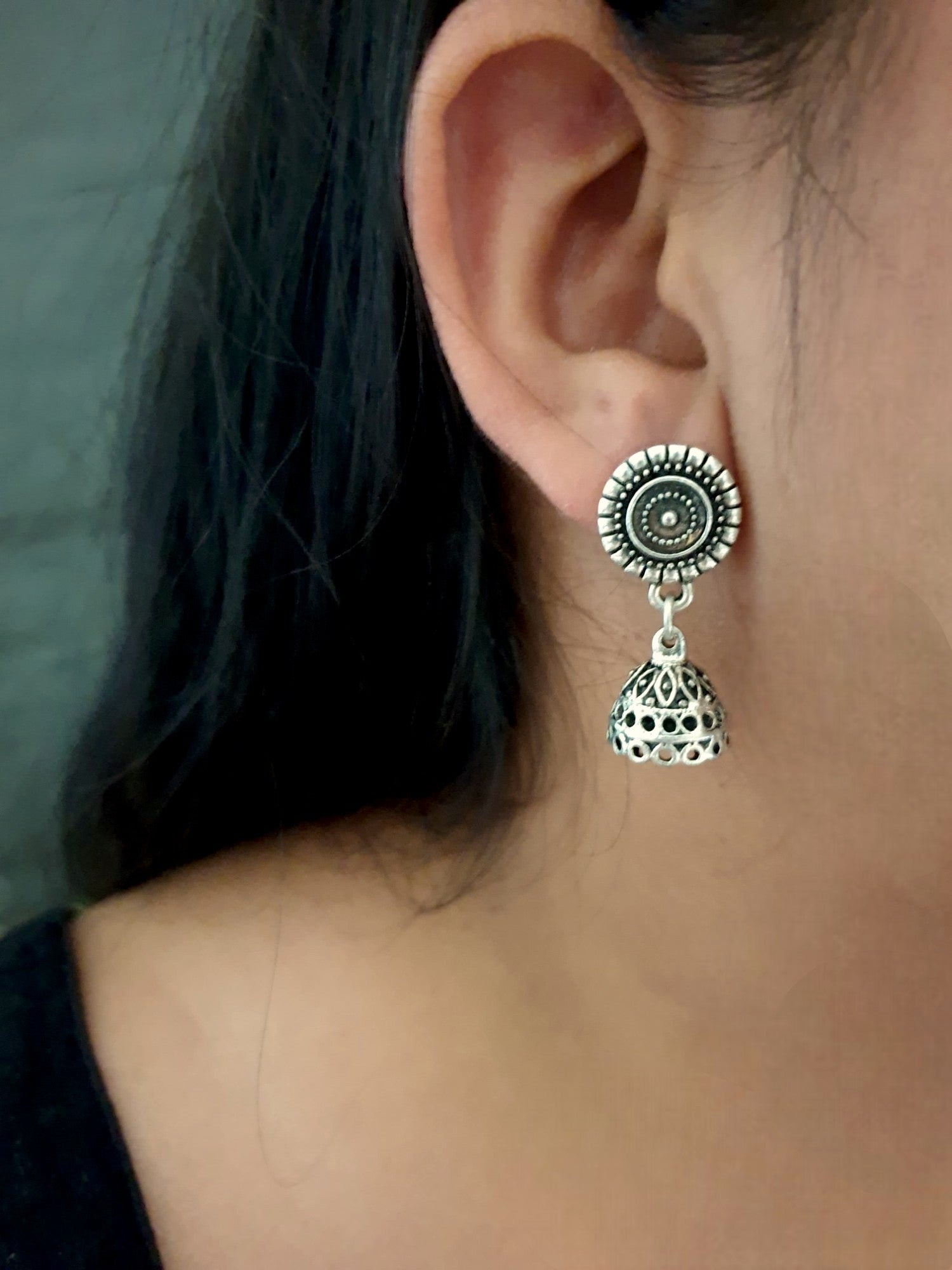 Floral Oxidized Jhumki Earrings