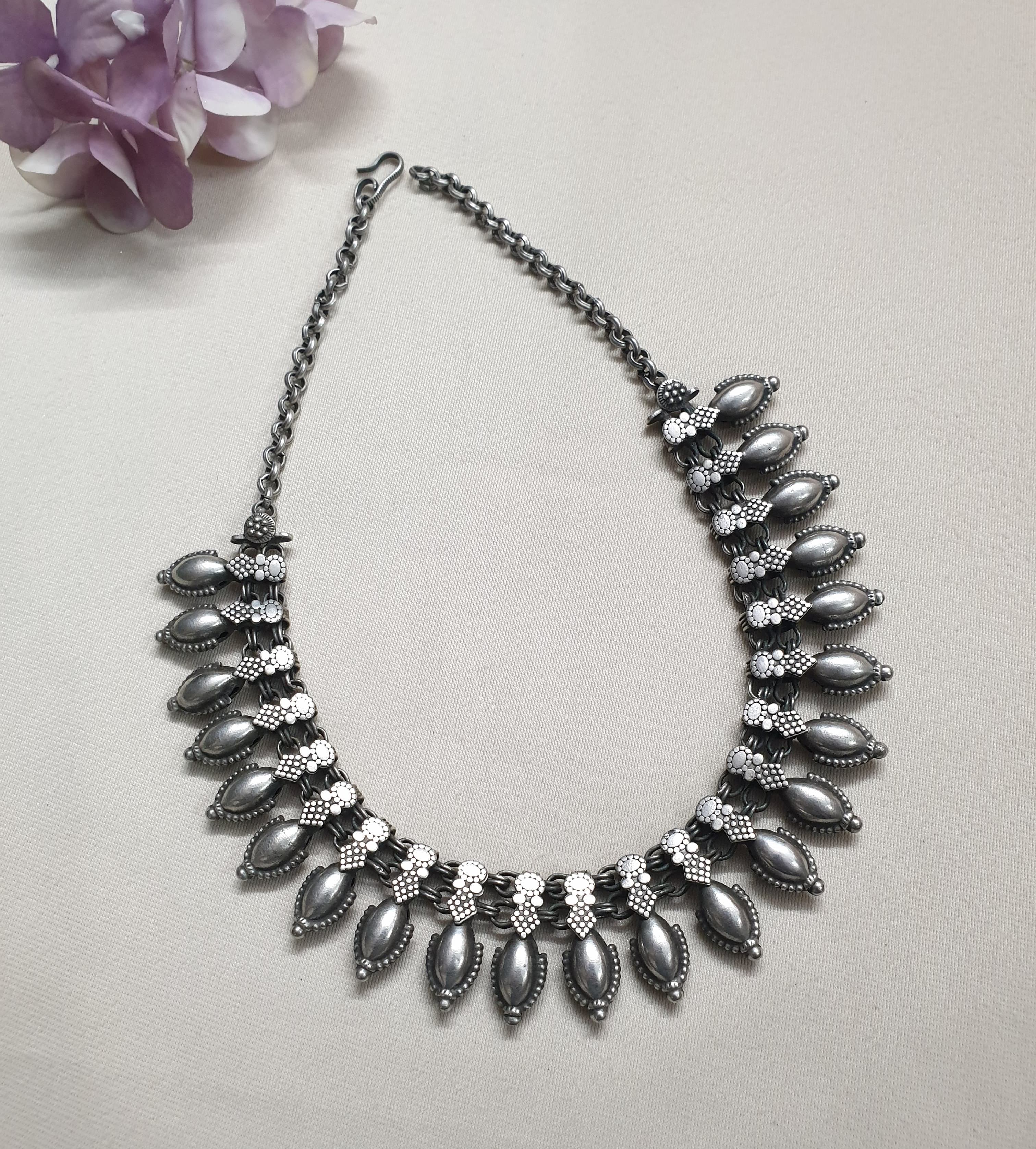 Handcarved Oxidised Silver LookaLike Necklace
