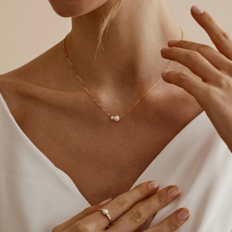 925 Sterling Silver 2 Round Freshwater Pearls Necklace