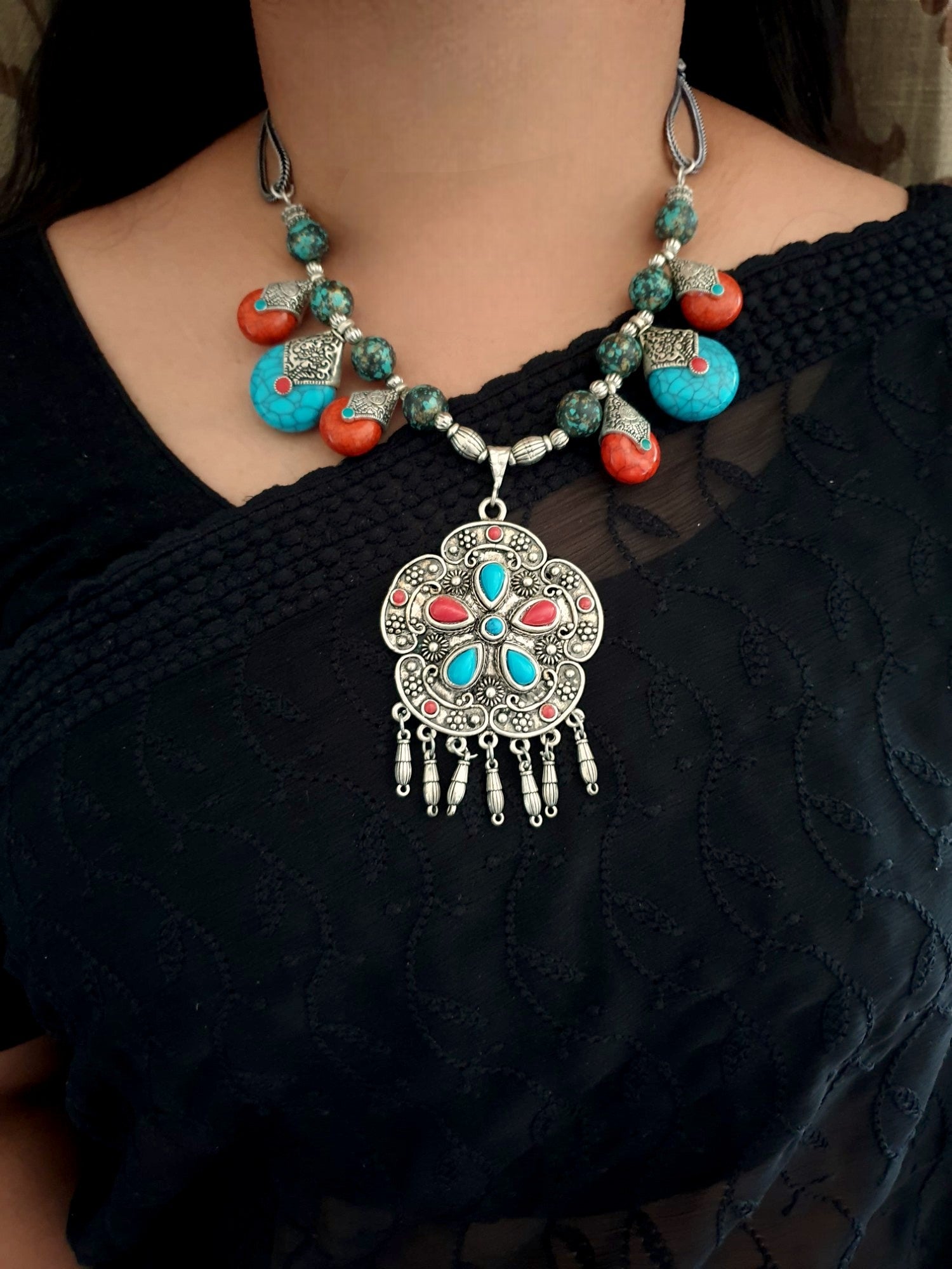 Antique Multicolor Stone Oxidized Floral Necklace With Earrings