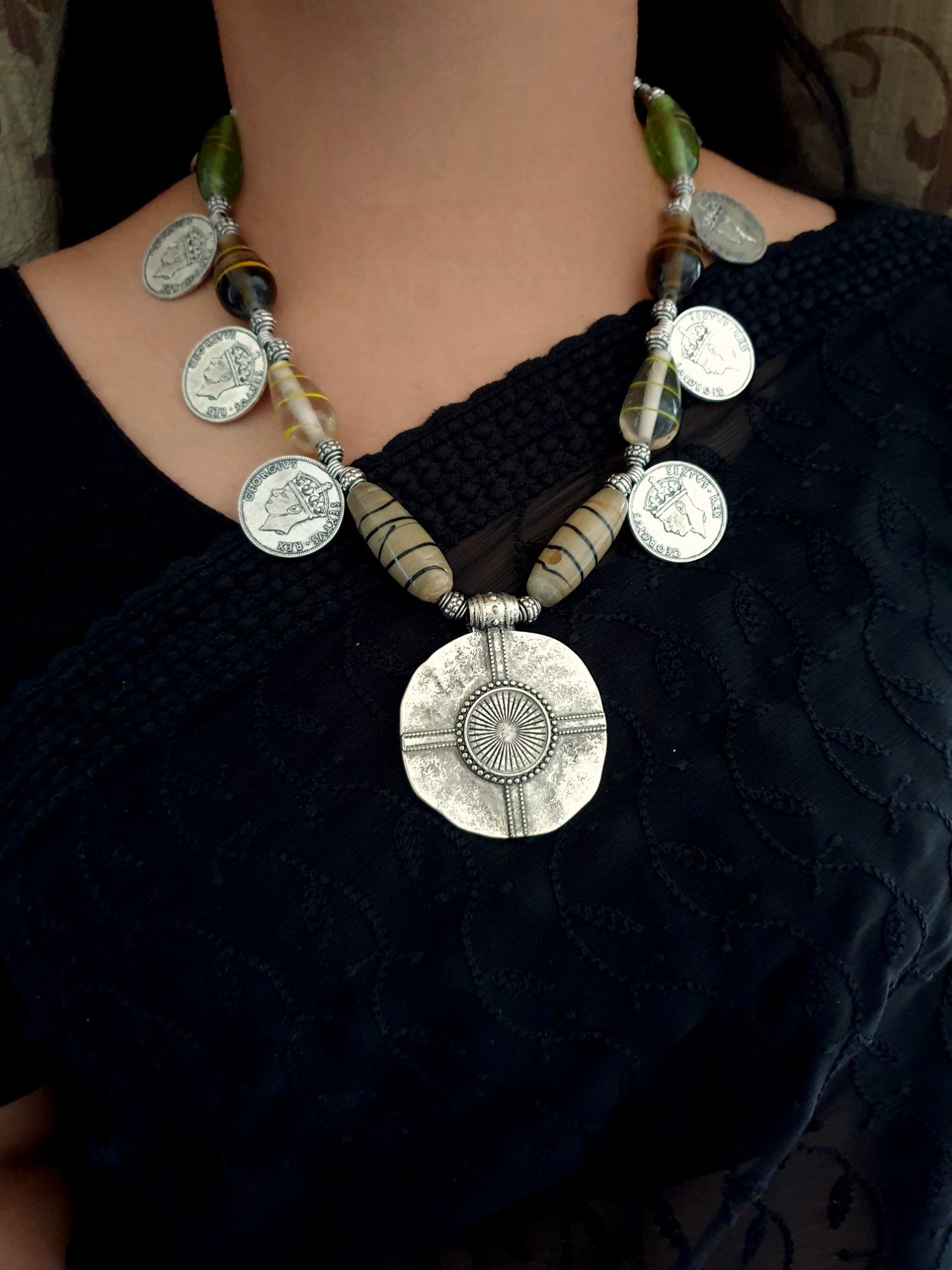 Oxidised Coin Statement Necklace With Earrings