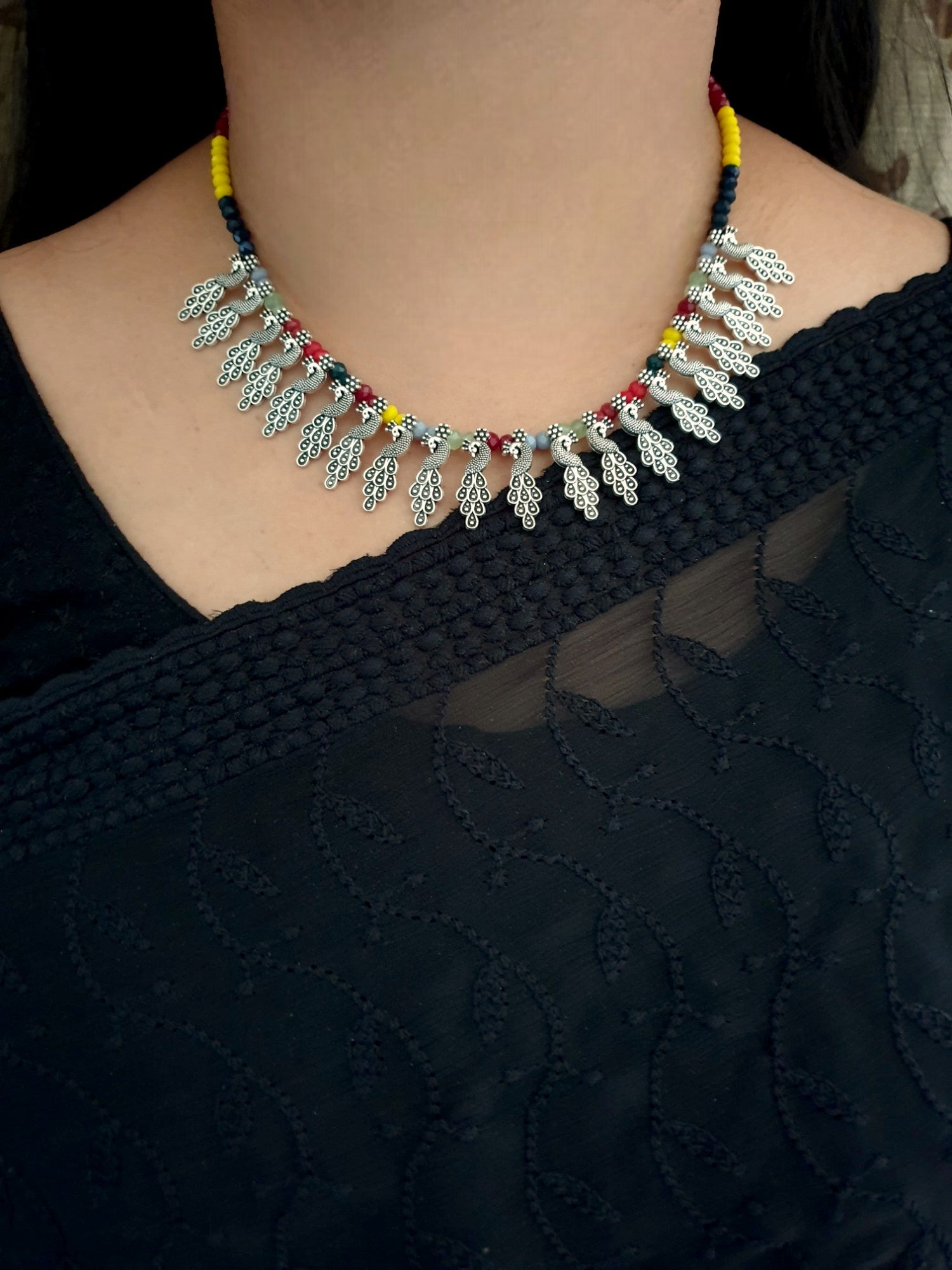 Oxidised Silver Peacock Design Delicate Necklace with Earrings