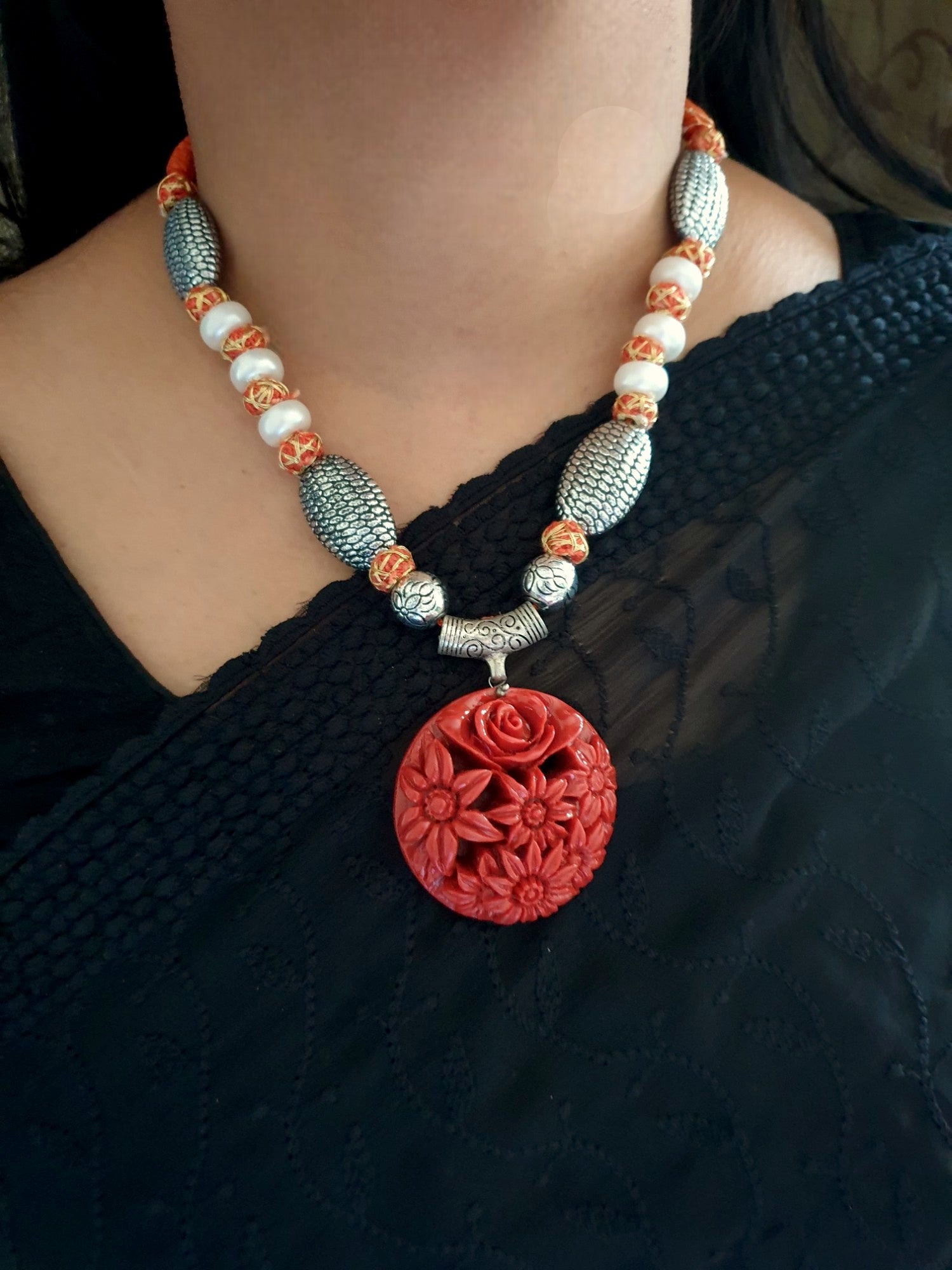 Floral Design Oxidized Necklace With Earrings