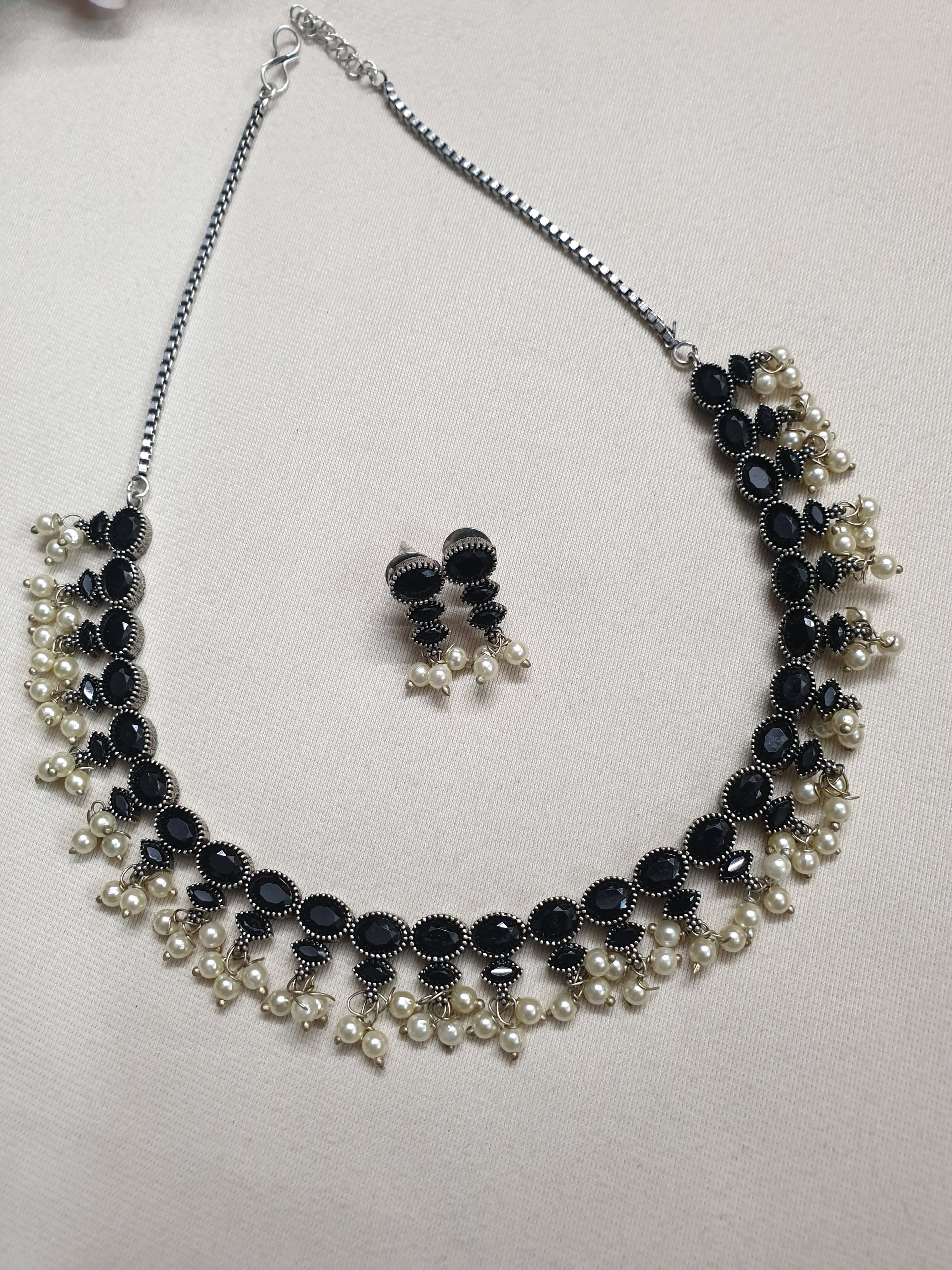 Black Stone Oxidised Silver Necklace Set