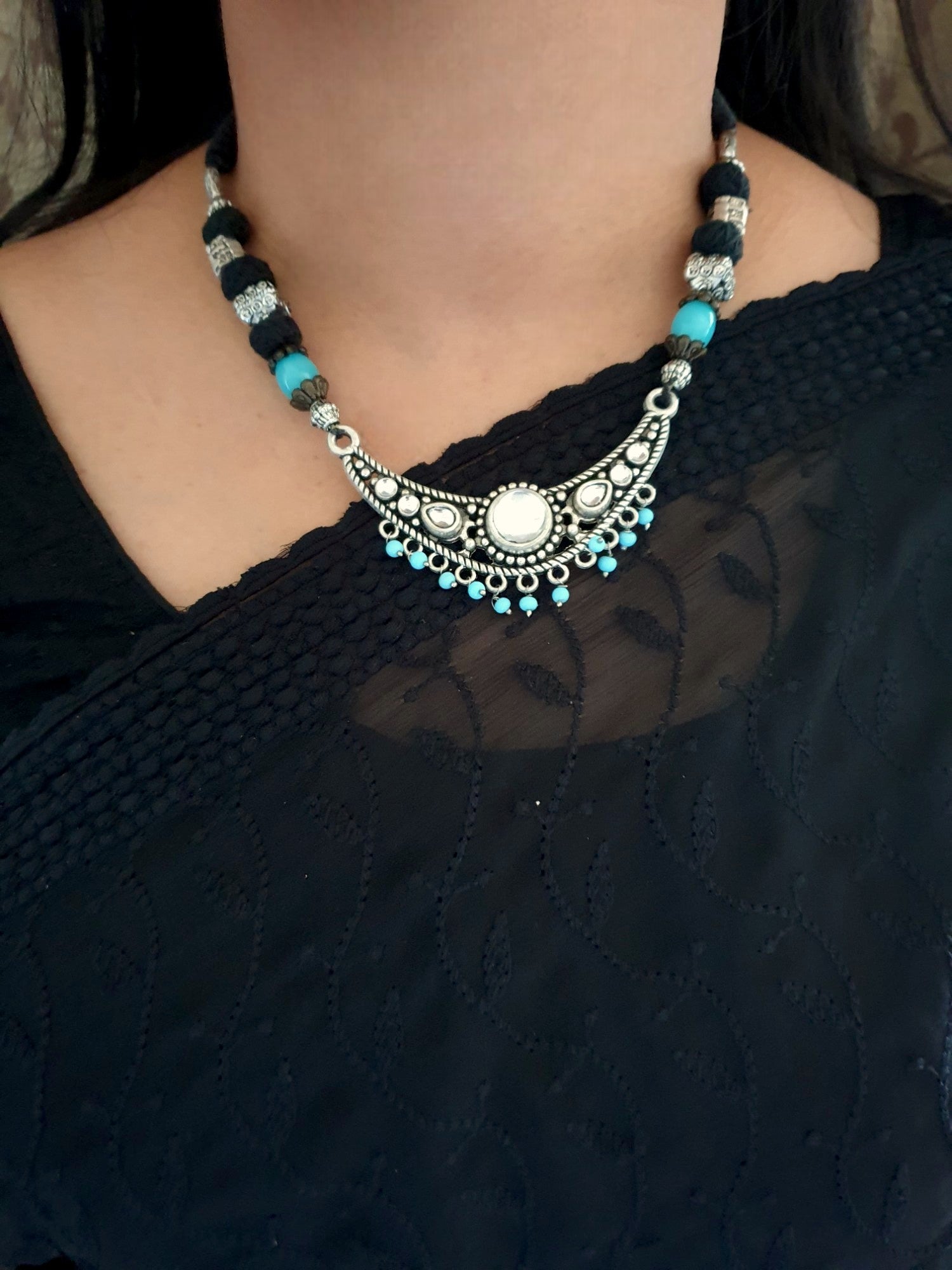 Oxidised Silver Mirror Thread Necklace