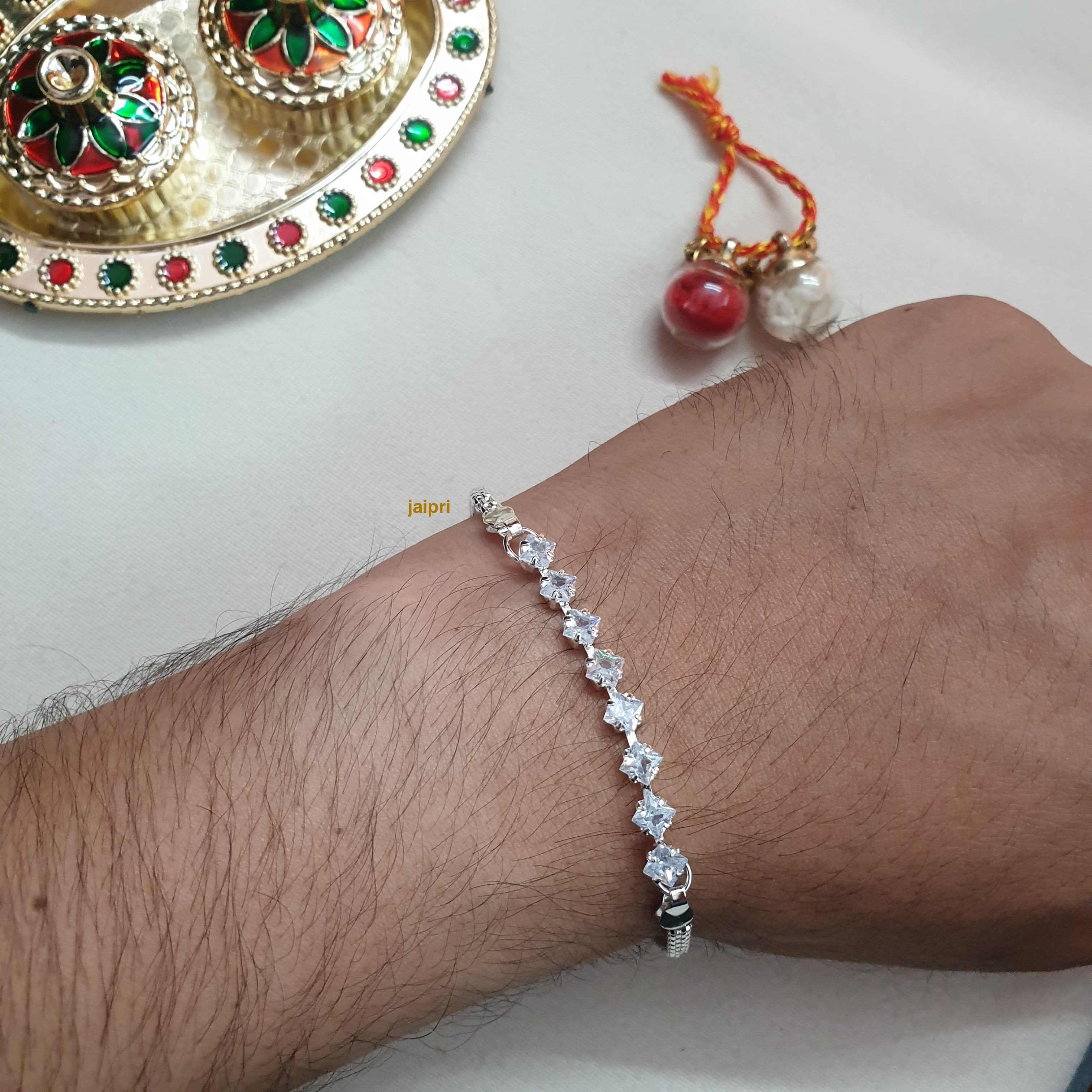 White Silver Plated Stone Chain Rakhi