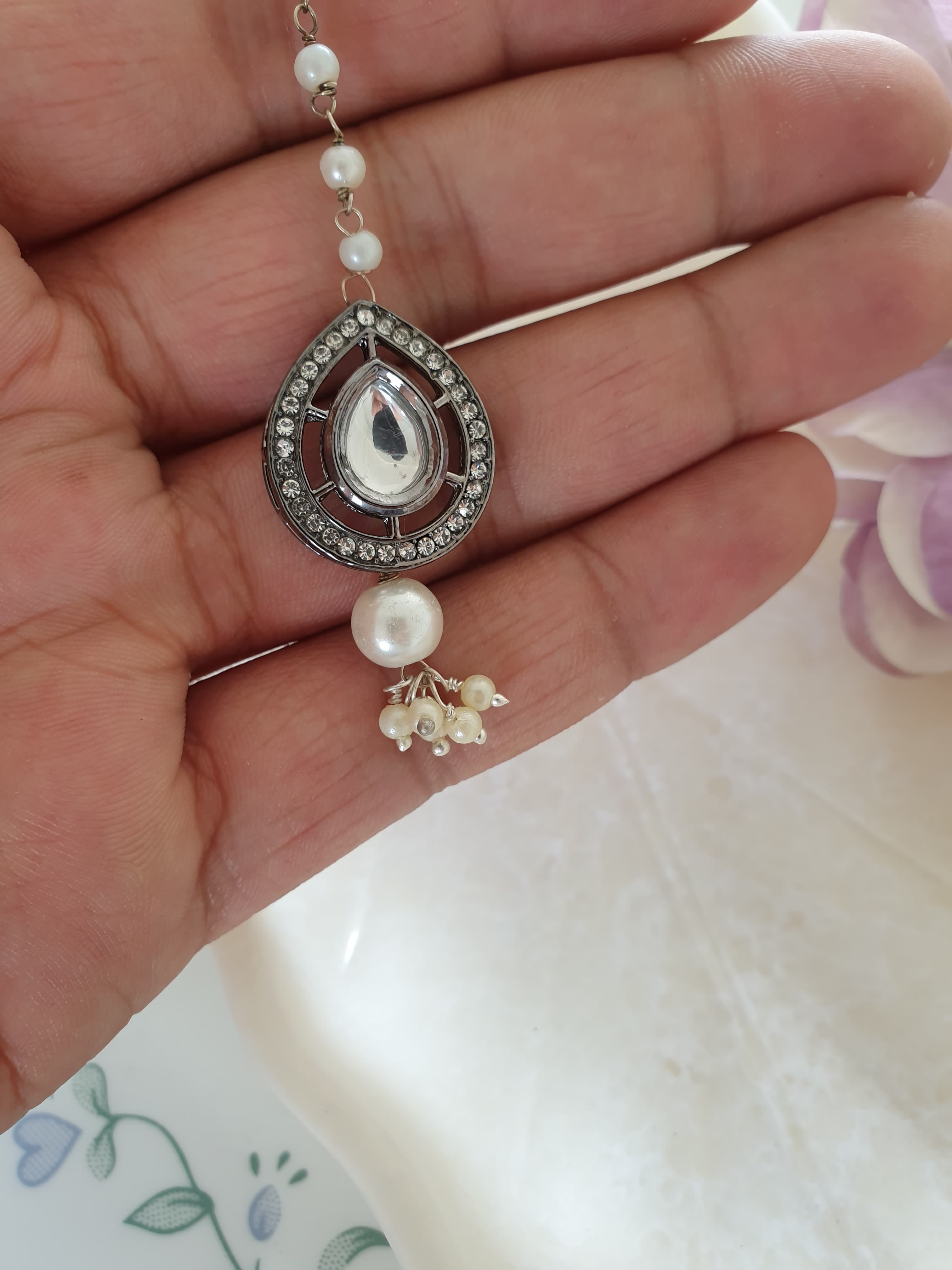 Silver Teardrop Kundan Polki Pearl Beaded Maang Tikka