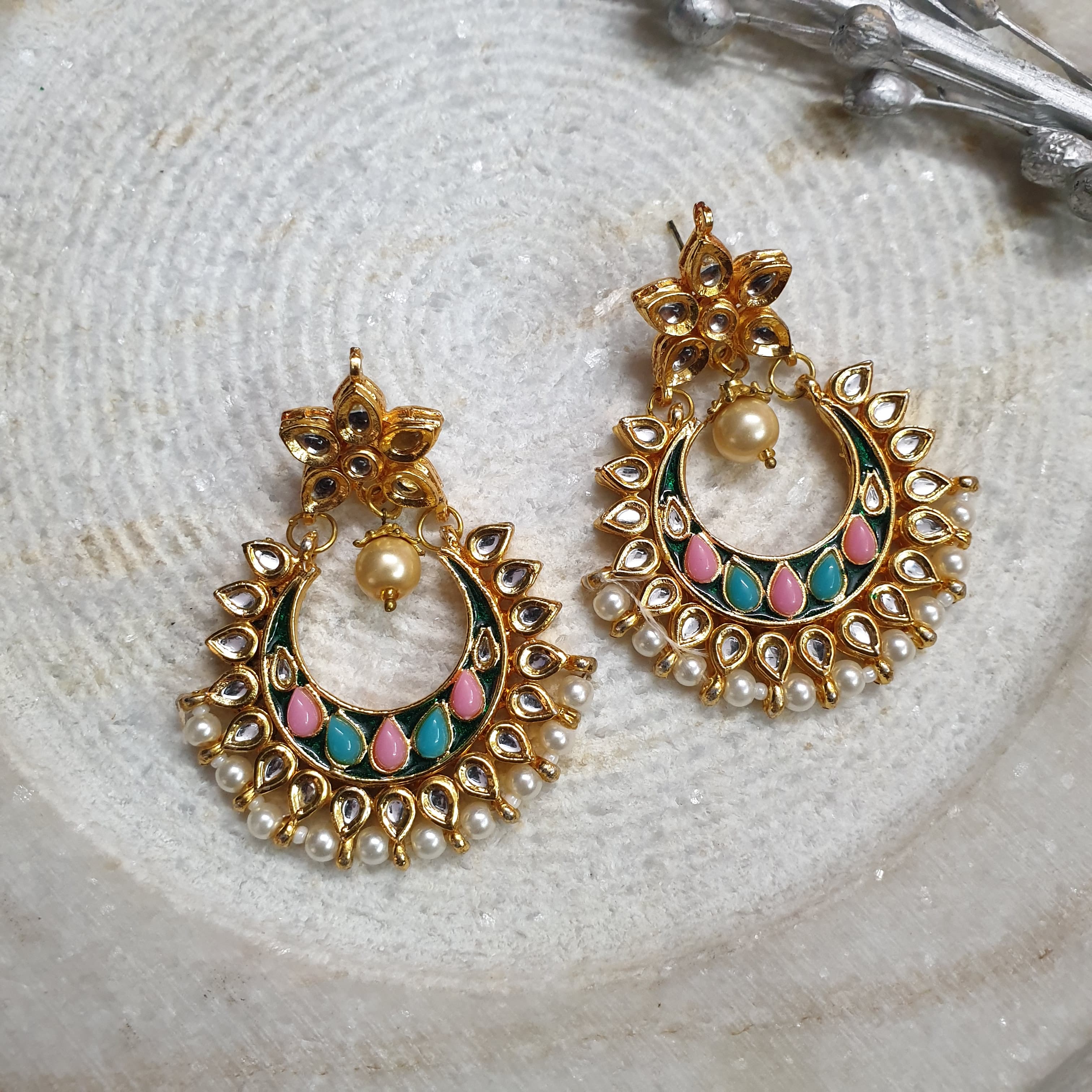 Pink Blue Stone Kundan Chandbali Earrings