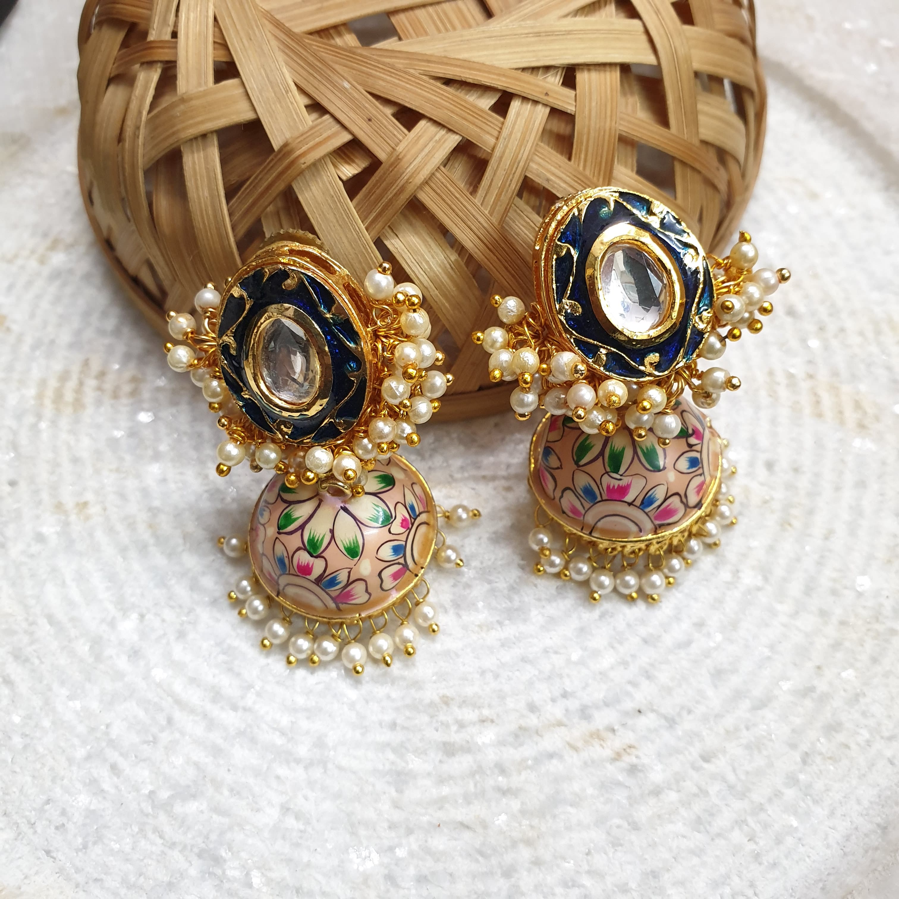 Dark Blue Handpainted Jhumki Kundan Earrings