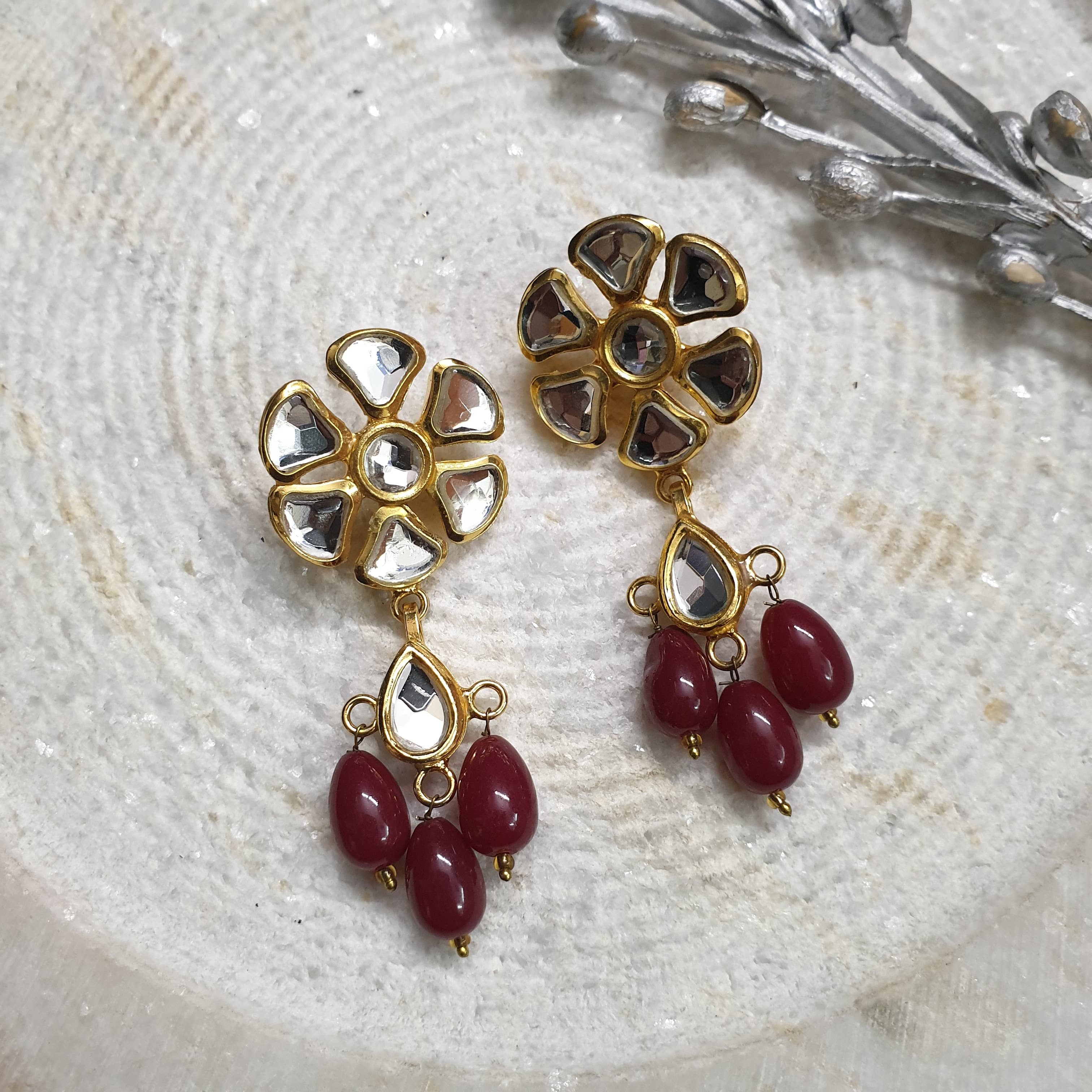22k Gold Plated Maroon Floral Kundan Drop Earrings