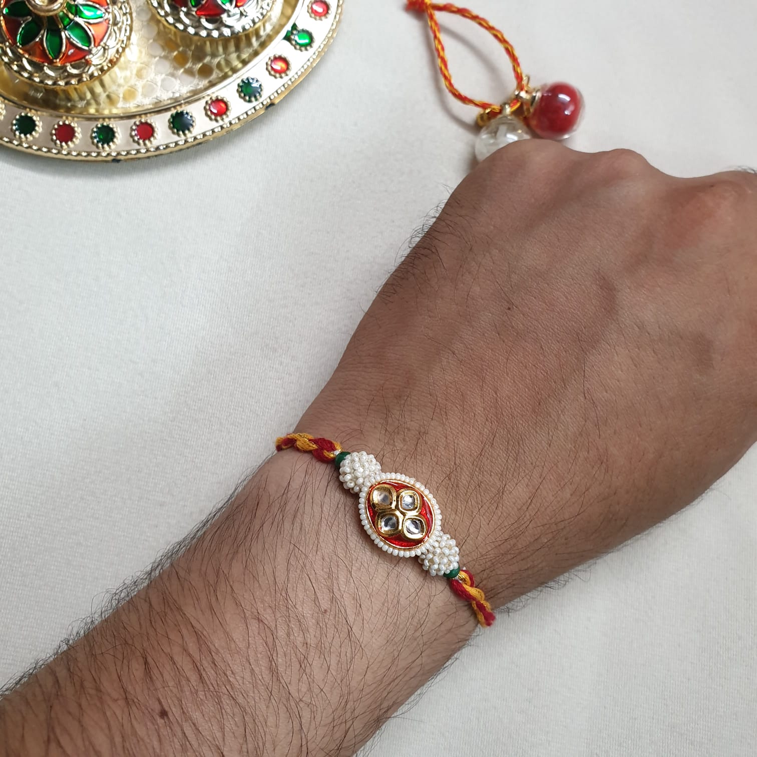 Kundan Red Yellow Thread Rakhi