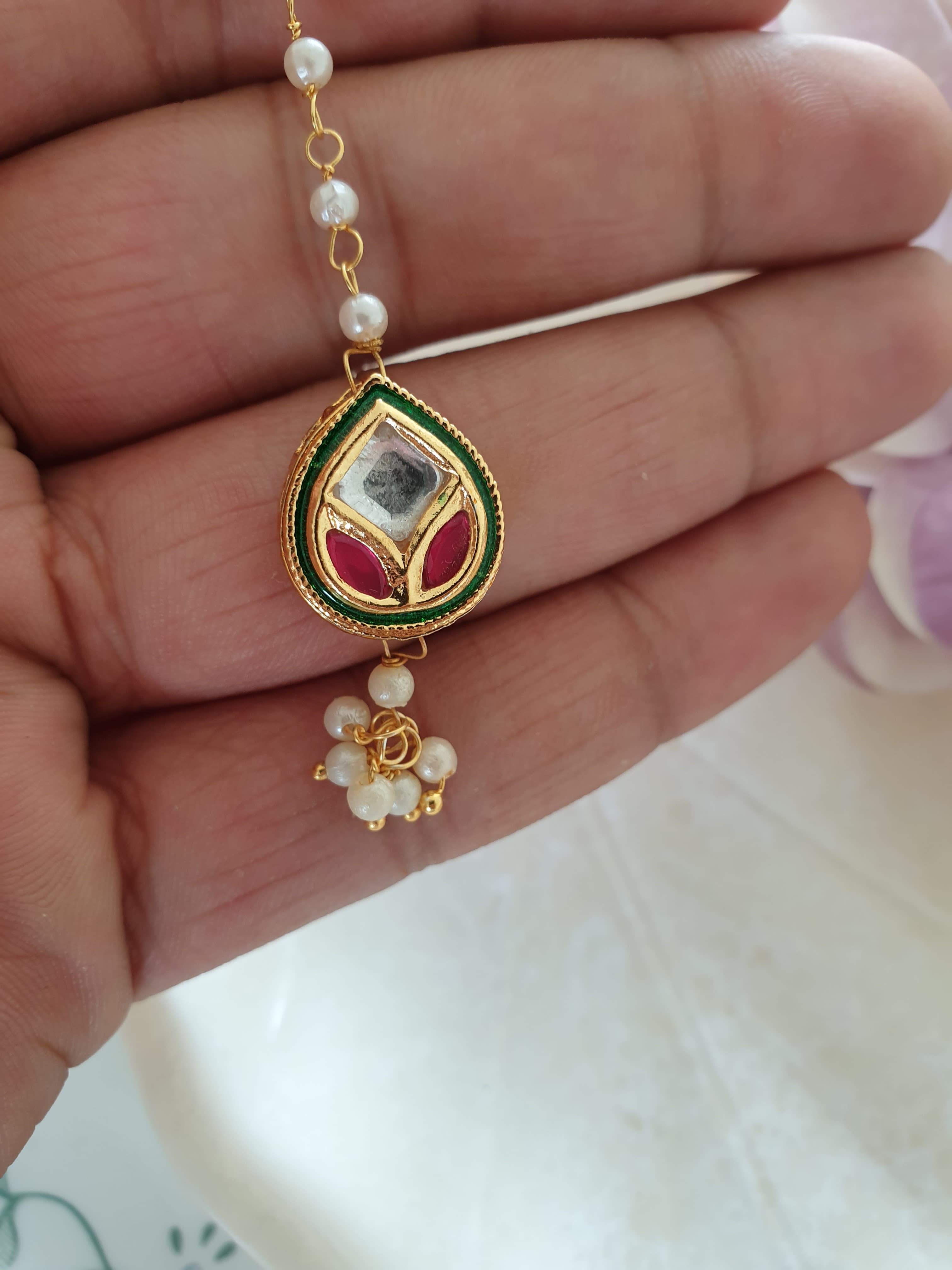 Tear-Drop Design Pearl Stone Meenakari Work Maang Tikka