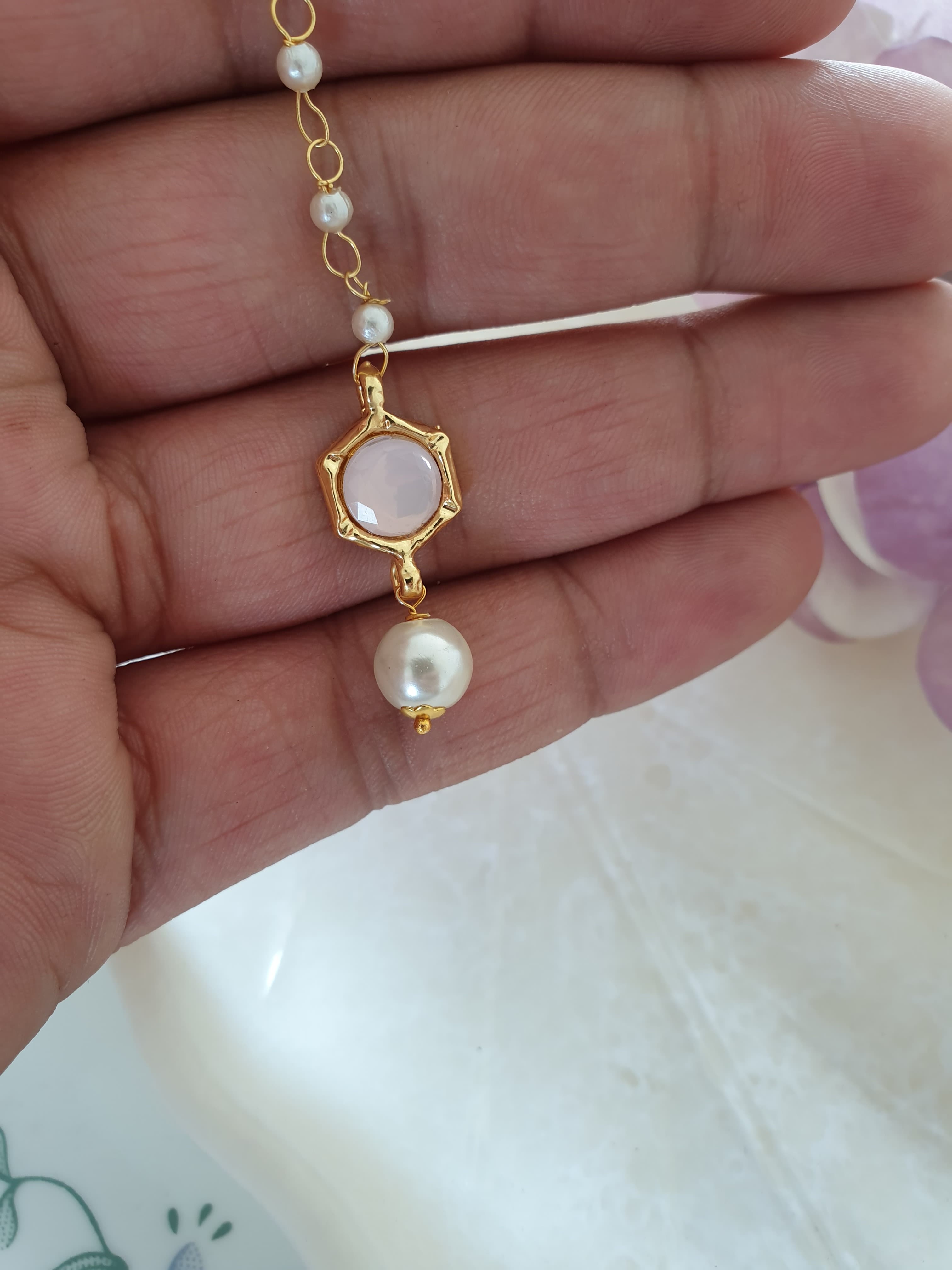 Baby Pink Stone Meenakari Pearl Beaded Maang Tikka