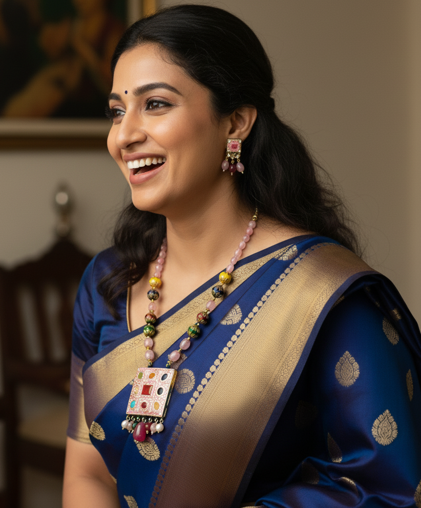 Traditional Navratana Pink Stone Pendant Necklace