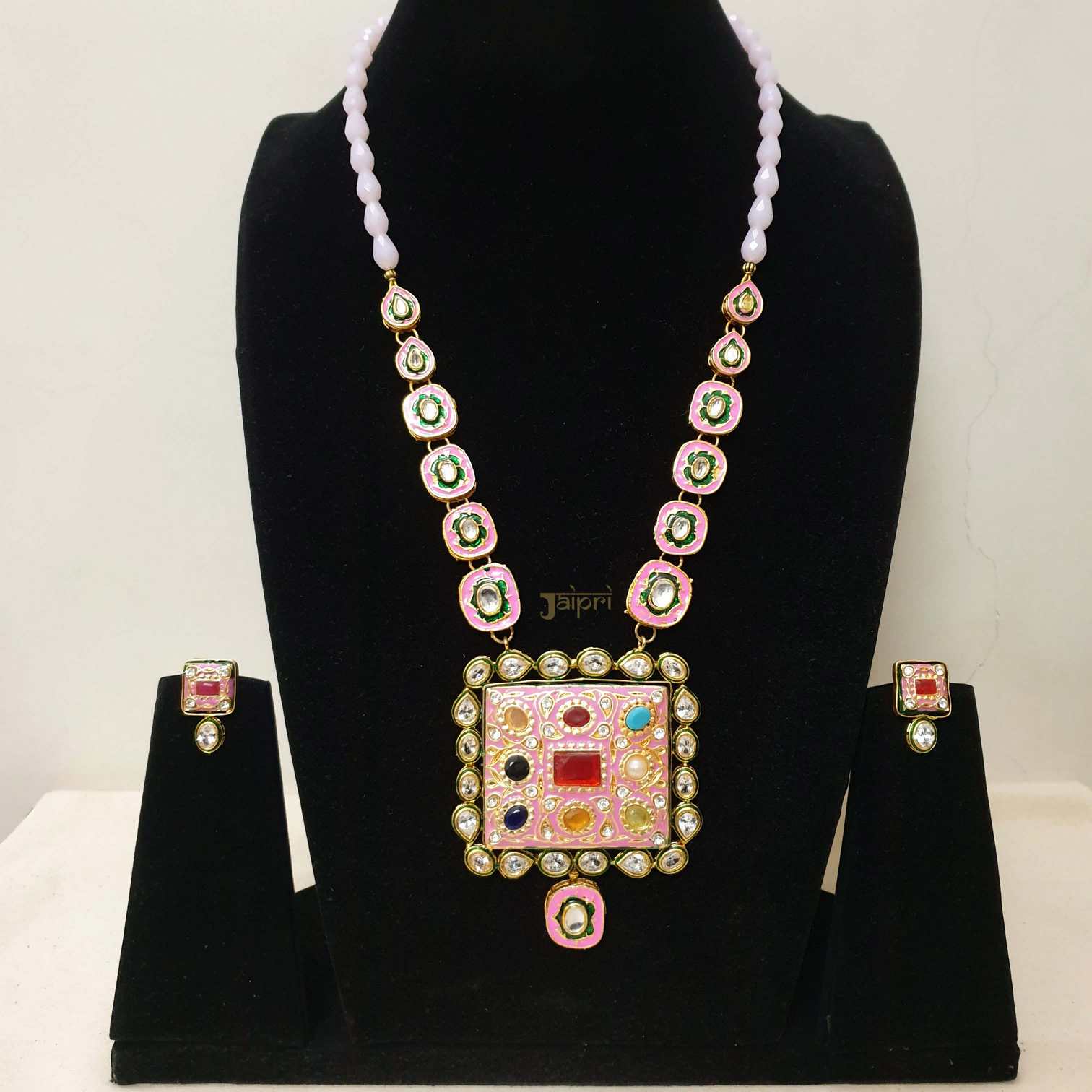 Adorable White Beads Stone Meenakari Pendant With Earrings