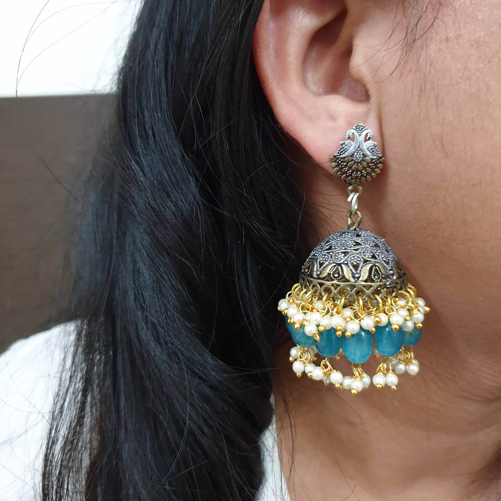 Oxidized Peacock Design & Sky-Blue Stone Stud Jhumki