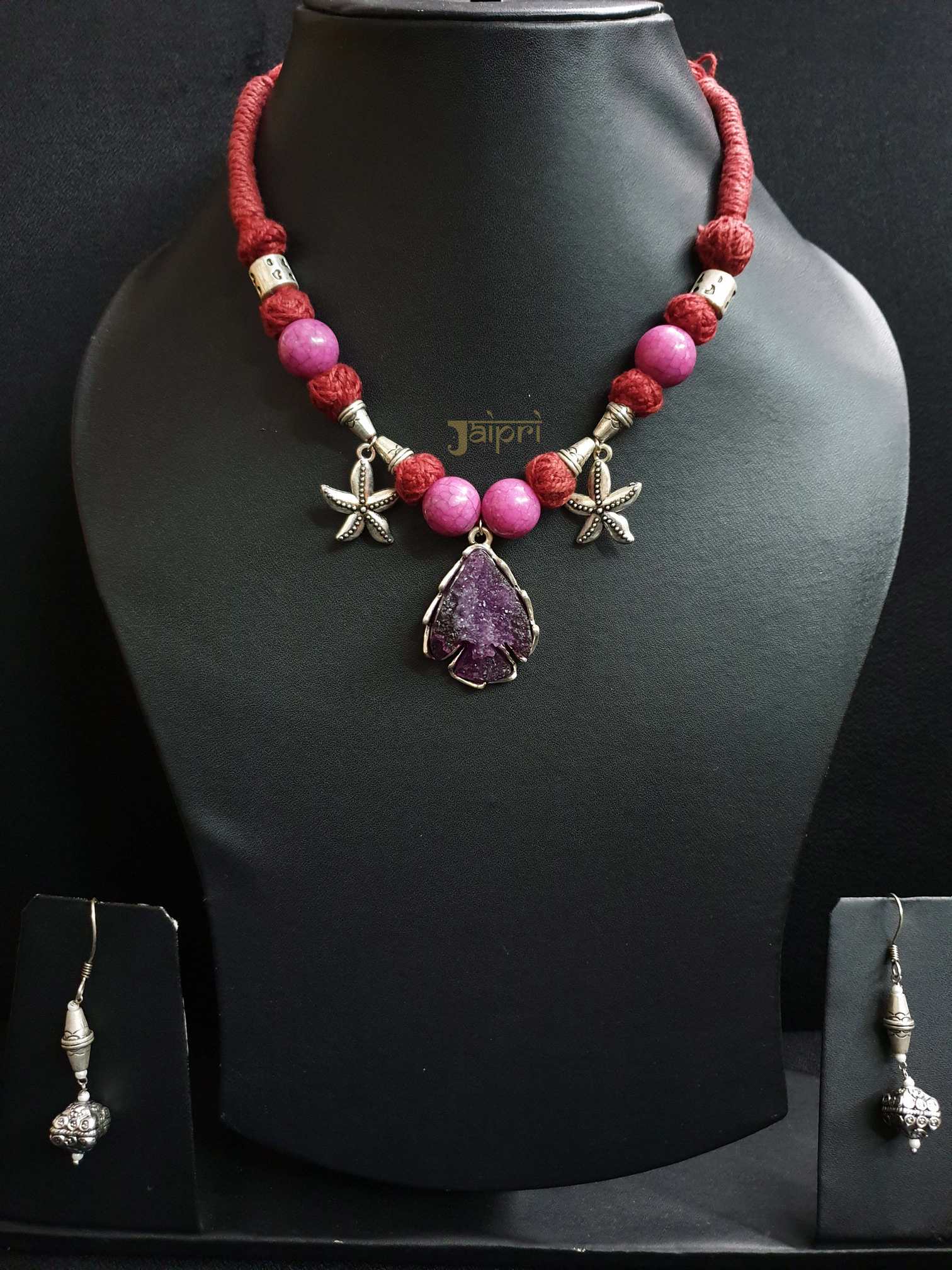 Purple Stone Pink Beads Oxidised Silver Necklace