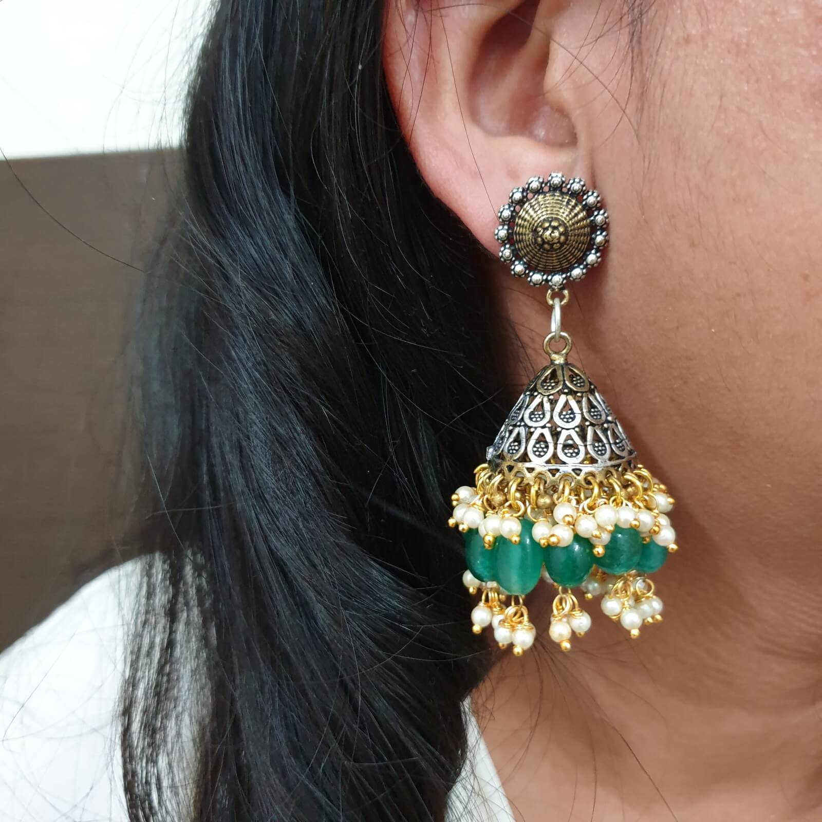 Floral Design & Green Stone Stud Jhumki