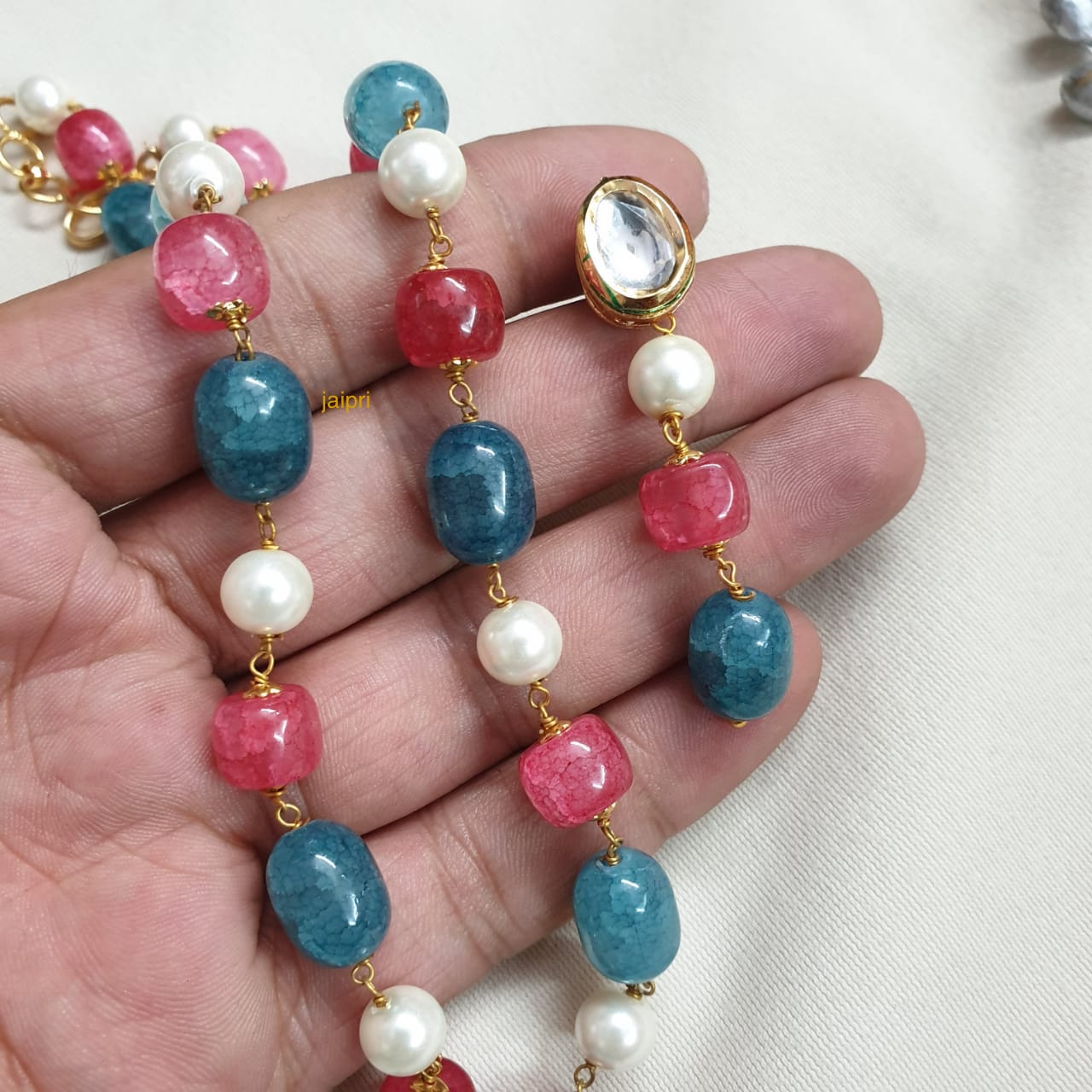 Blue Red Stone Beads Pearl Long Mala