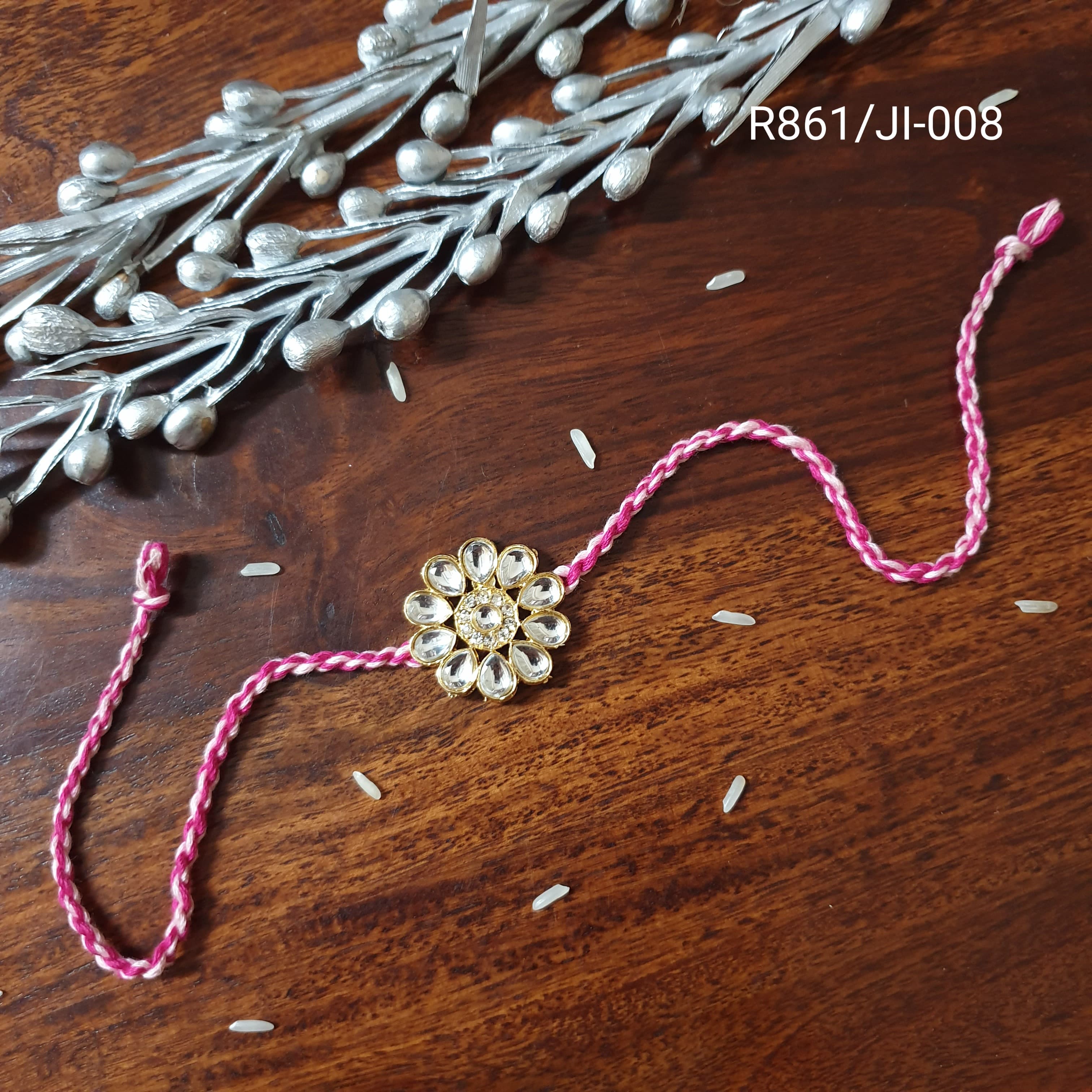 Kundan Stone Floral Pink Rakhi