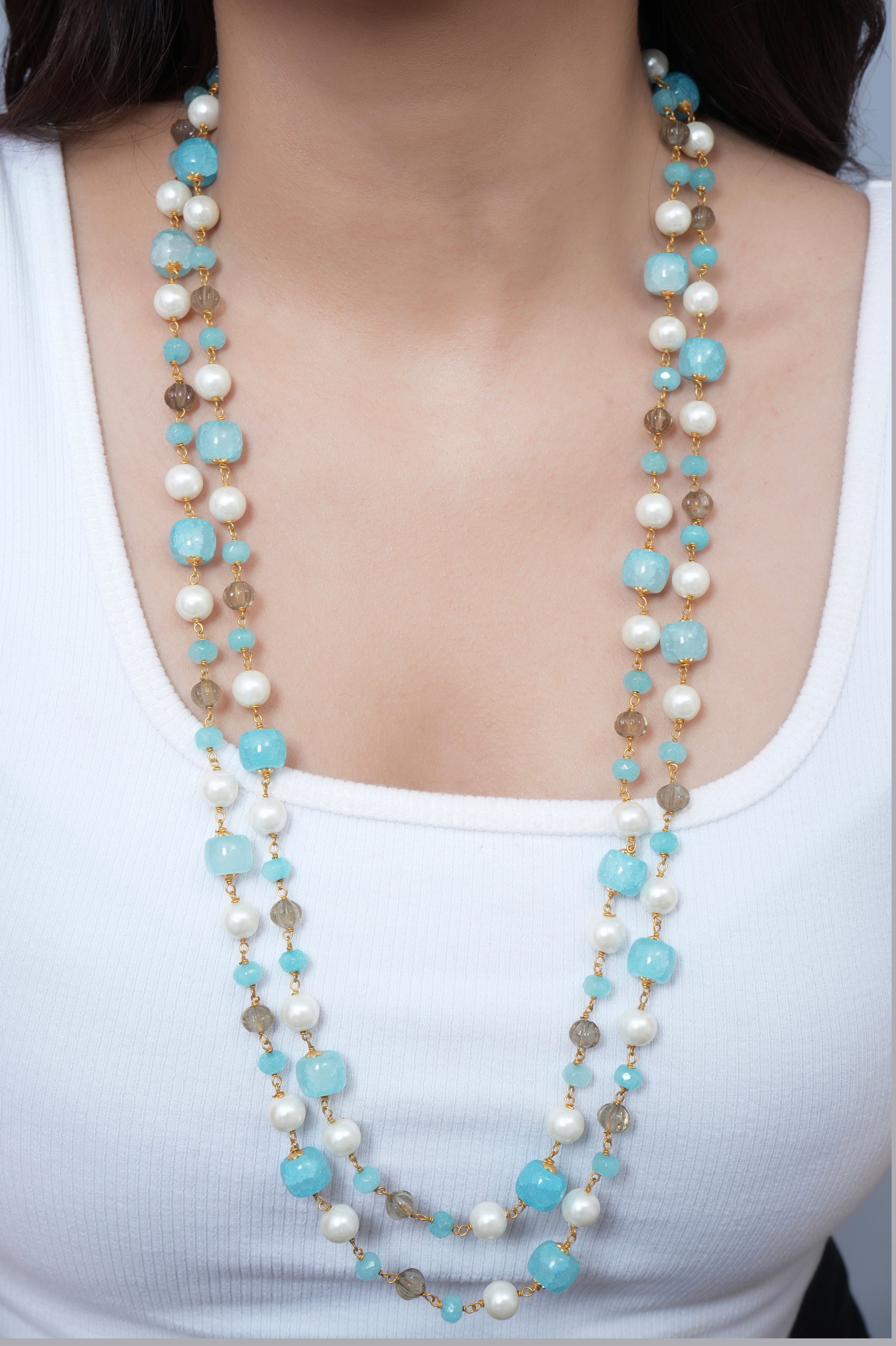 Blue Stone Double Layered Beads Pearl Long Mala