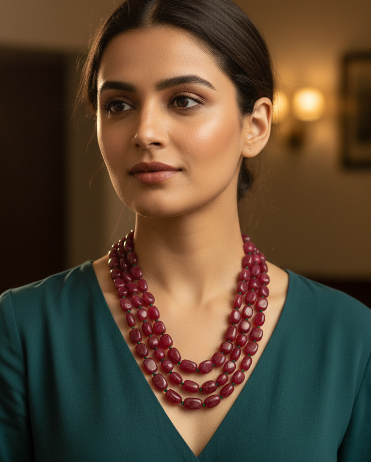 Ruby Color Bead Three Layered Necklace