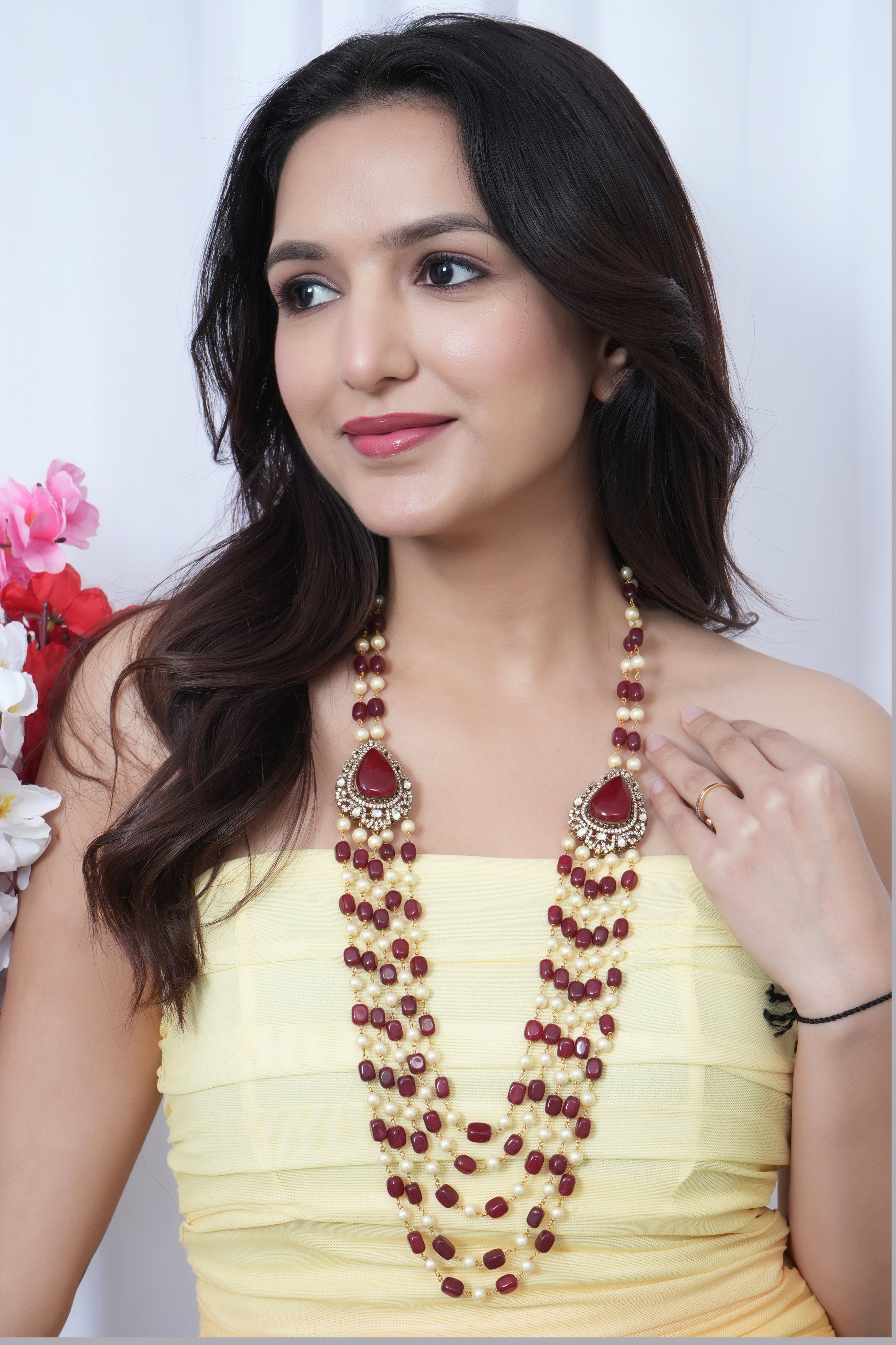 Pearl And Ruby Color Stone Beaded Necklace