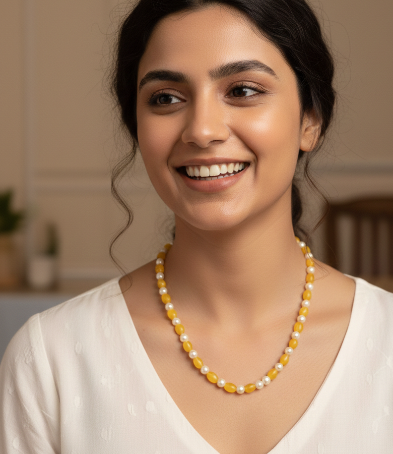 Yellow Pearl Stone Long Mala