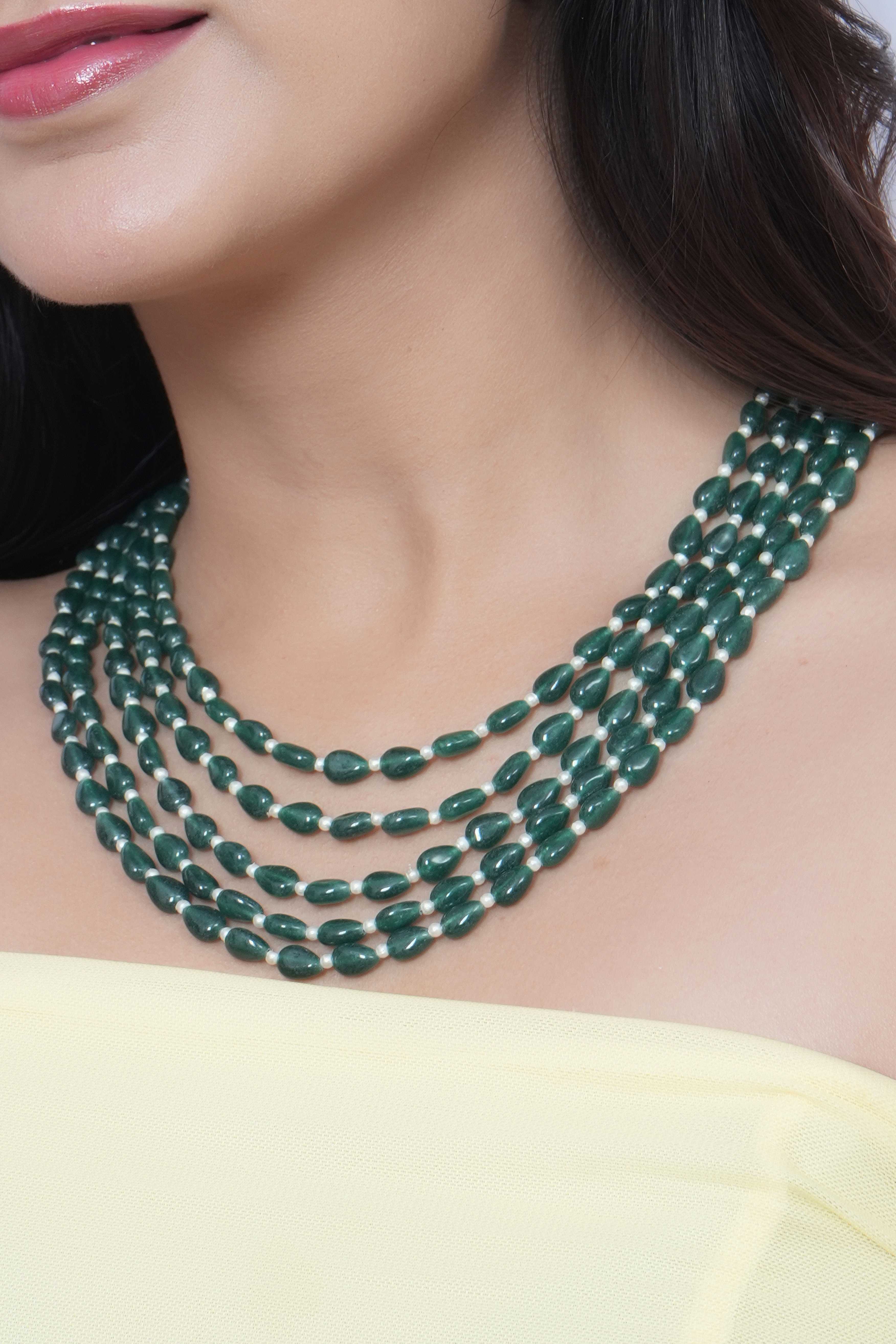 Five Layered Green Drop Stone Long Necklace