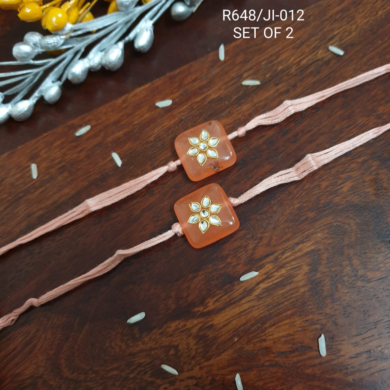 Peach Kundan Rakhi For Bhaiya Bhabhi (Pack Of Two)