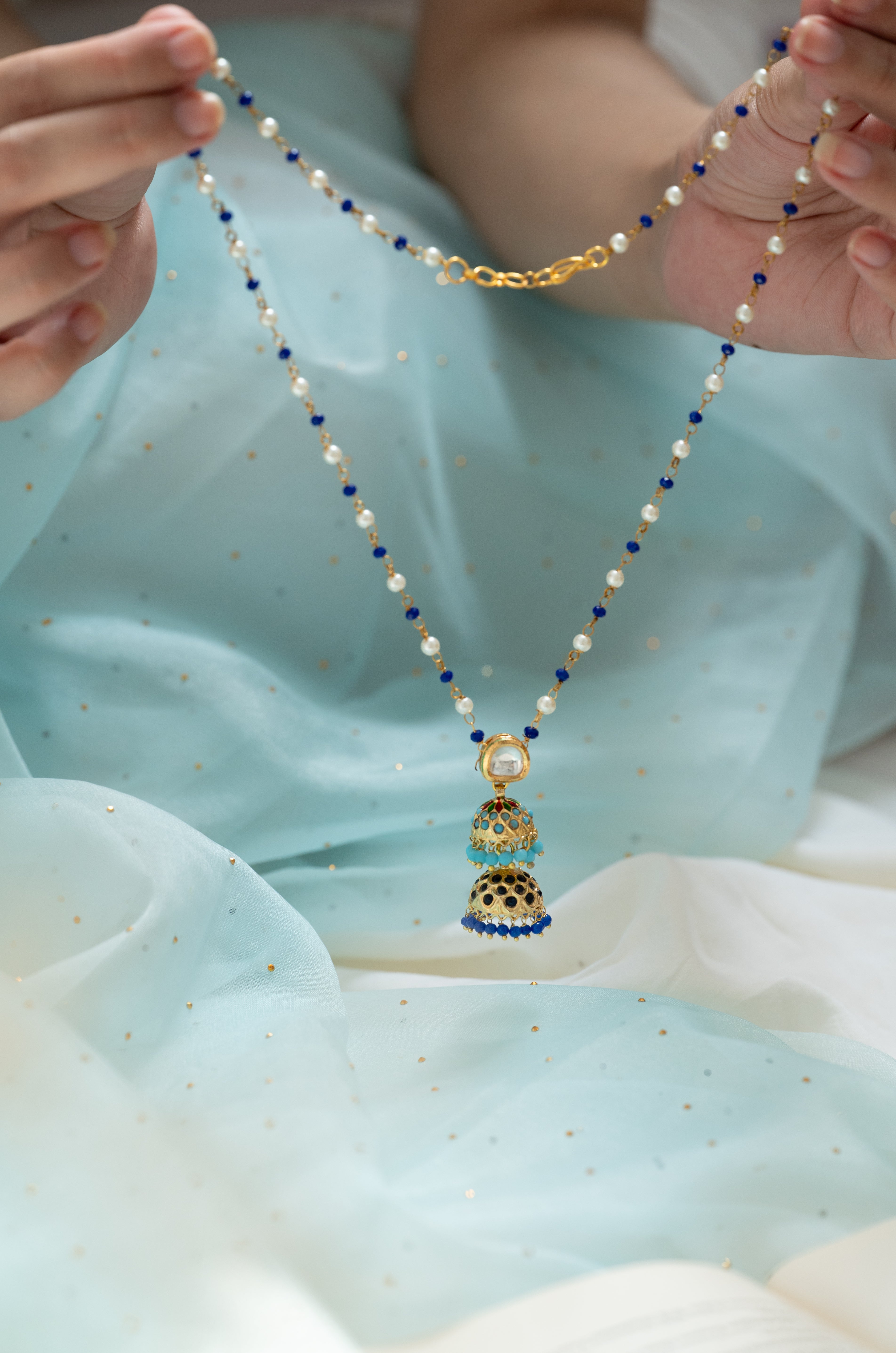 Turquoise and Dark Blue Jhumki Kundan Pendant Set