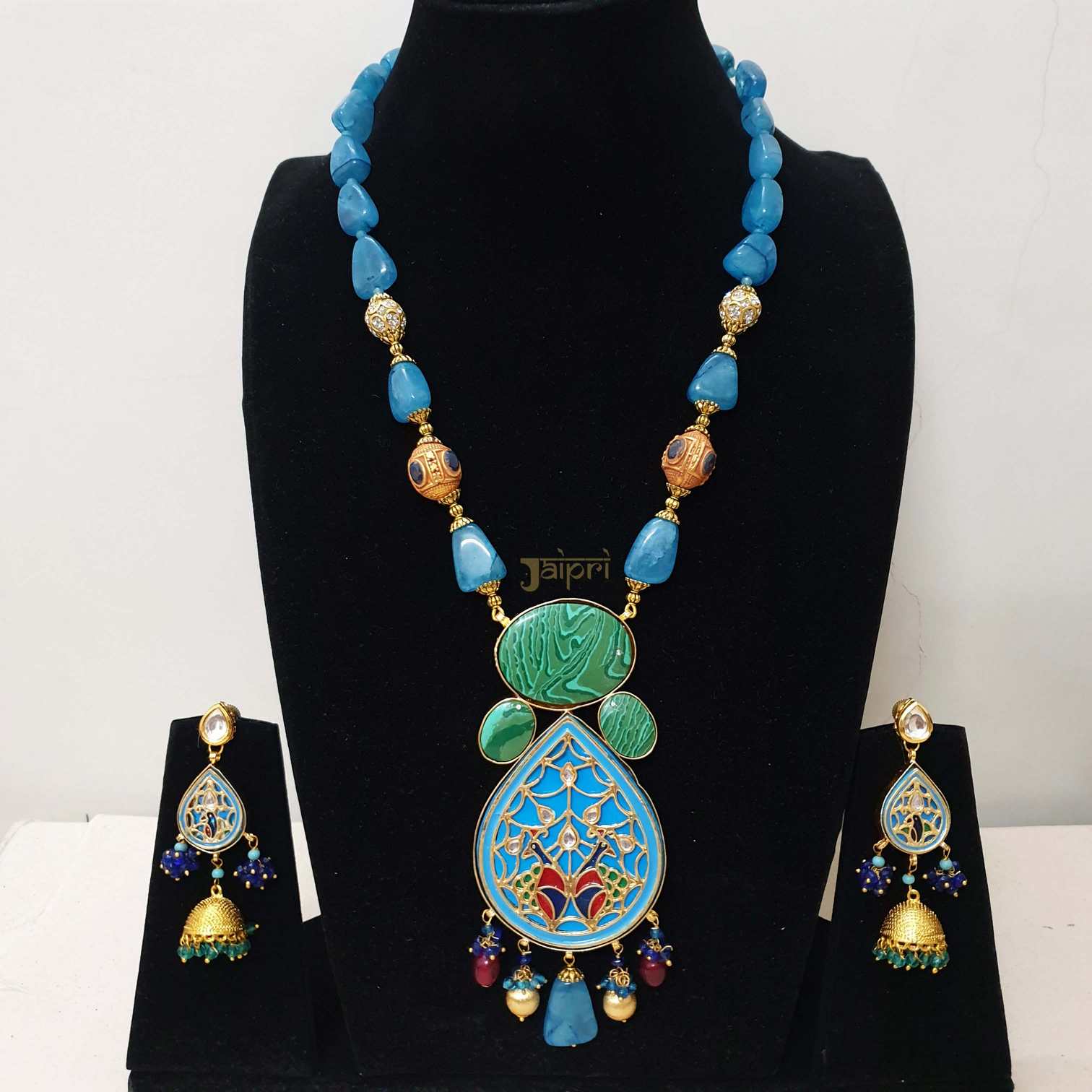 Green & Turquoise Beads Stone, Meenakari Fusion Pendant With Earrings