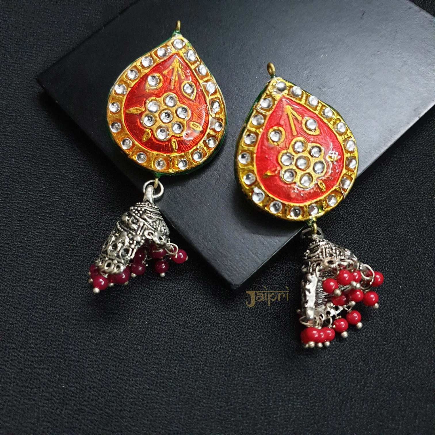 Tear-Drop Design Kundan & Meenakari Jhumki Earrings