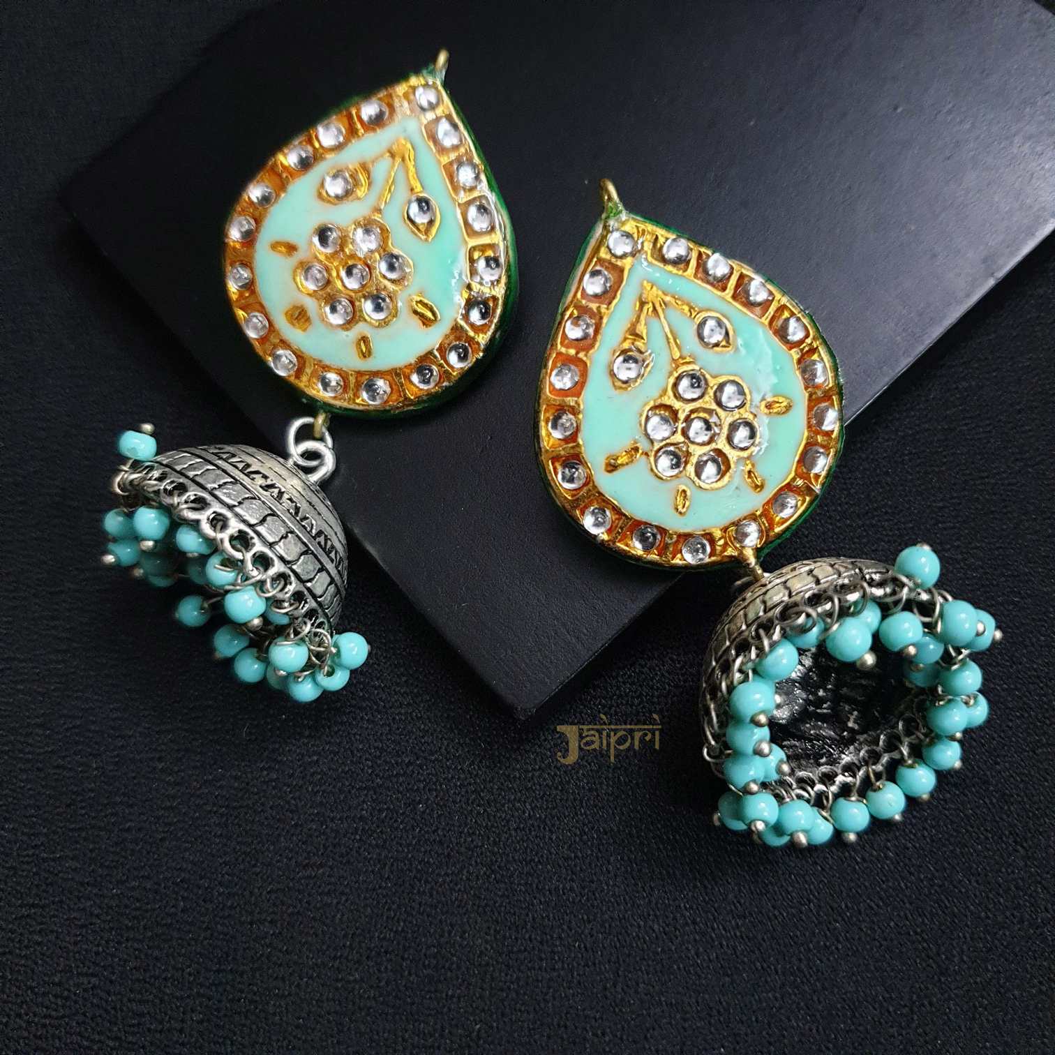 Turquoise Tear-Drop Design Kundan & Meenakari Jhumki Earrings